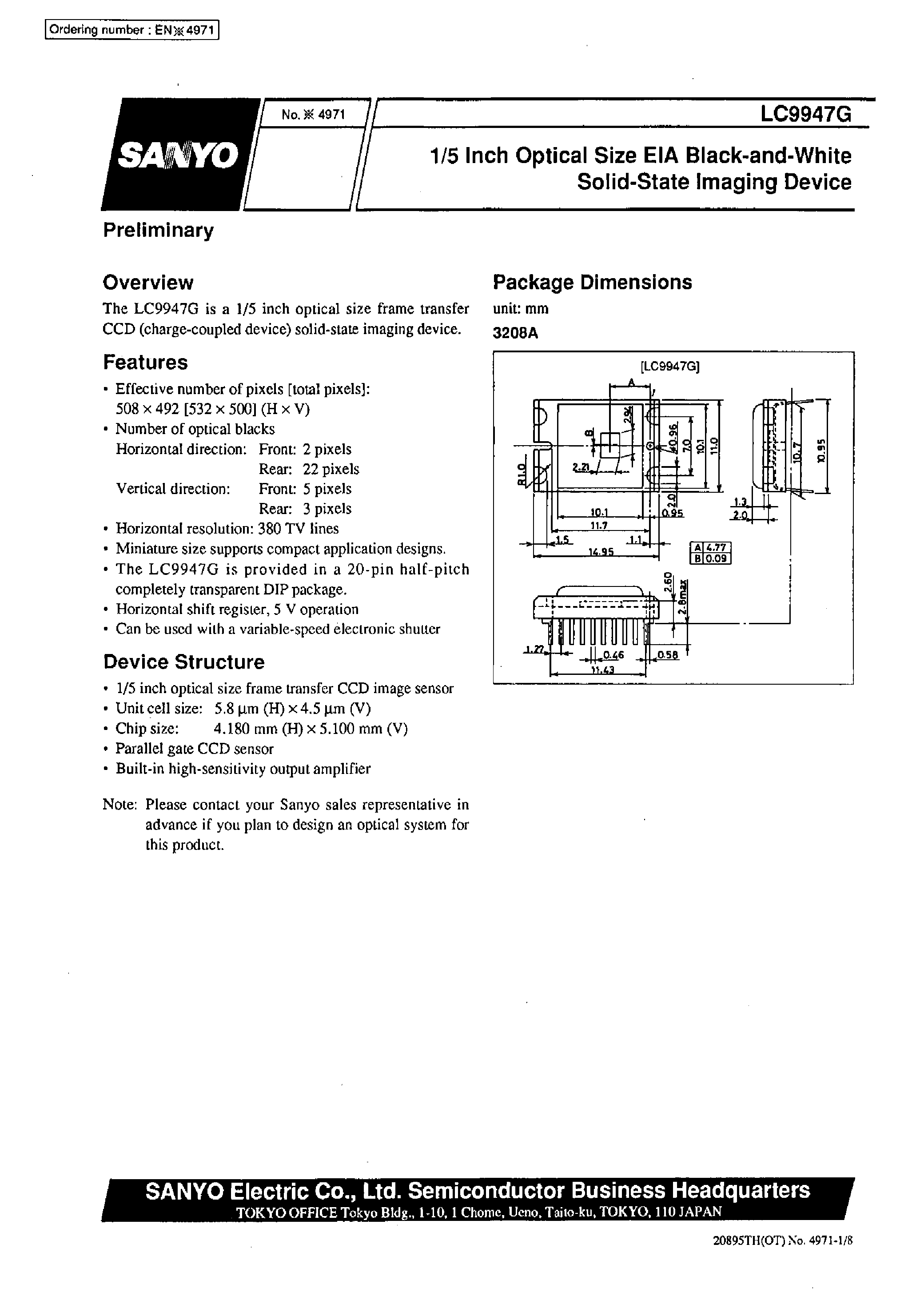 Datasheet LC9947G page 1 Datasheet LC9947G - 1/5 Inch Optical Size EIA Black-and-White Solid-State Imaging Device page 1
