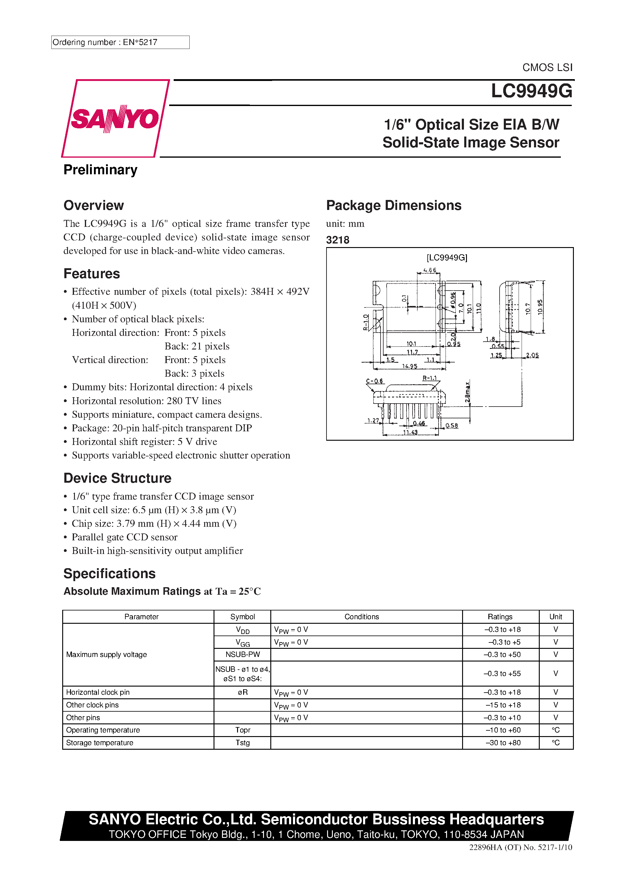 Datasheet LC9949G page 1 Datasheet LC9949G - 1/6 Optical Size EIA B/W Solid-State Image Sensor page 1
