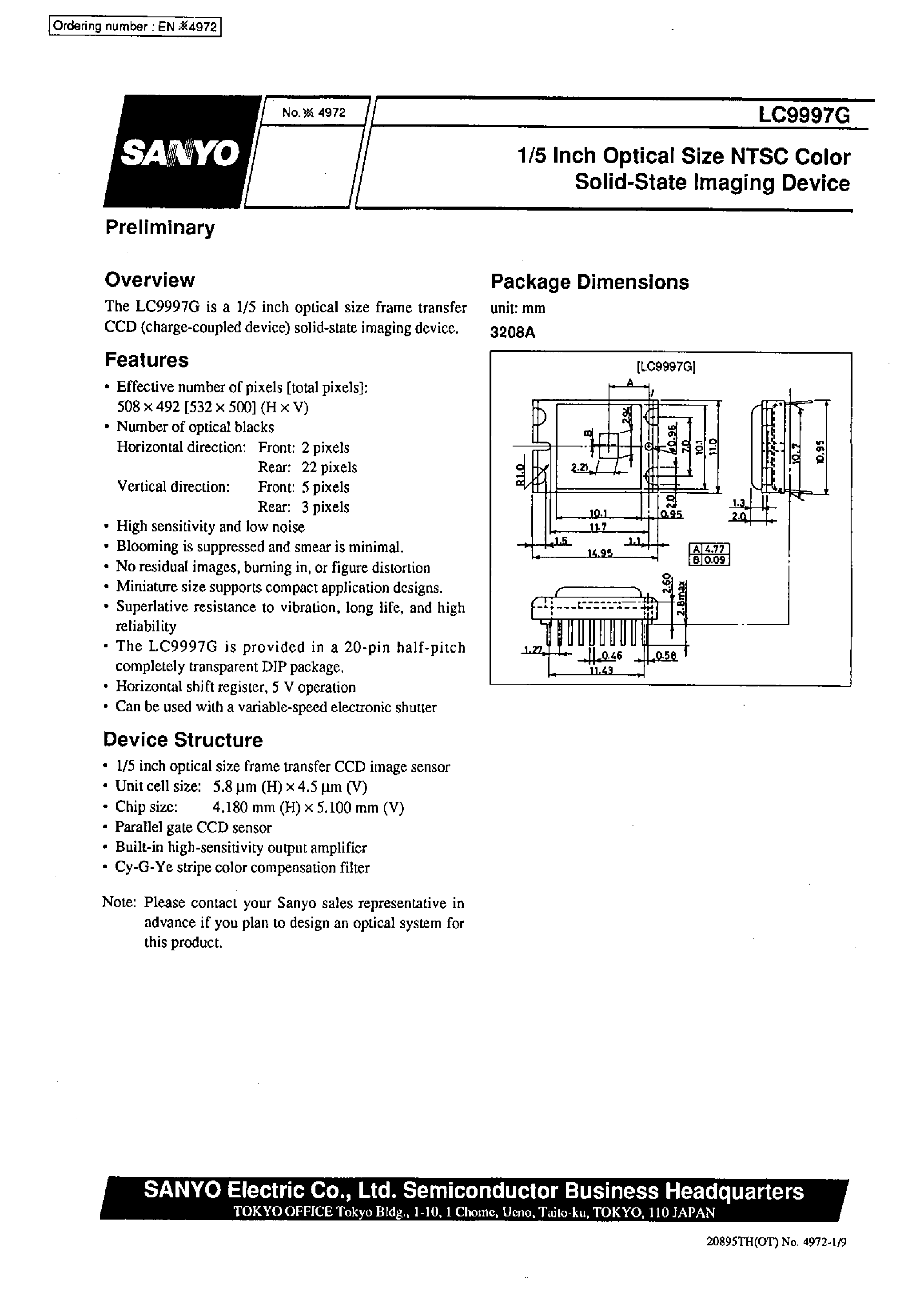 Datasheet LC9997G - 1/5 Inch Optical Size NTSC Color Solid-State Image Device page 1