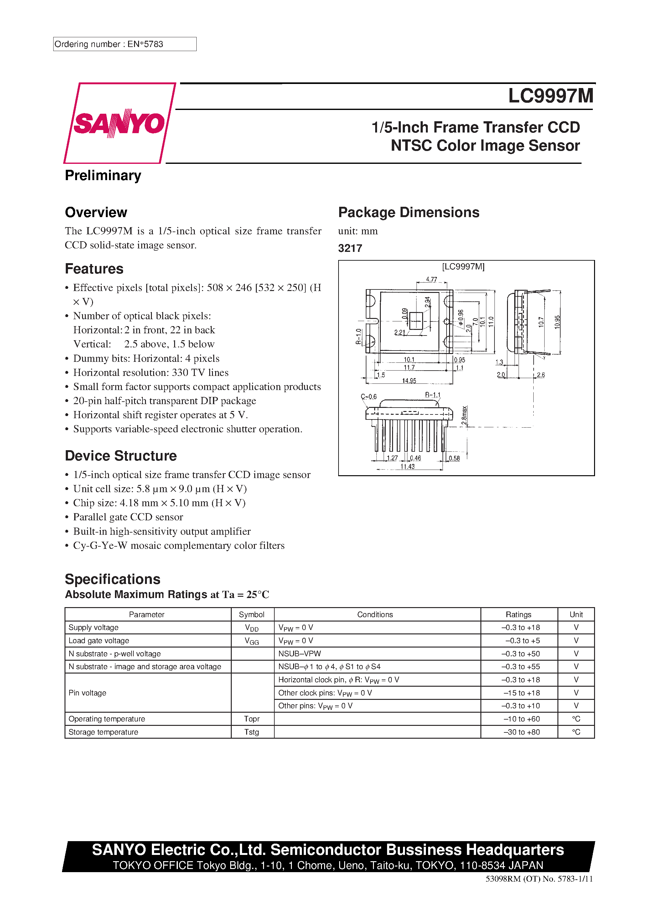 Datasheet LC9997M - 1/5-Inch Frame Transfer CCD NTSC Color Image Sensor page 1