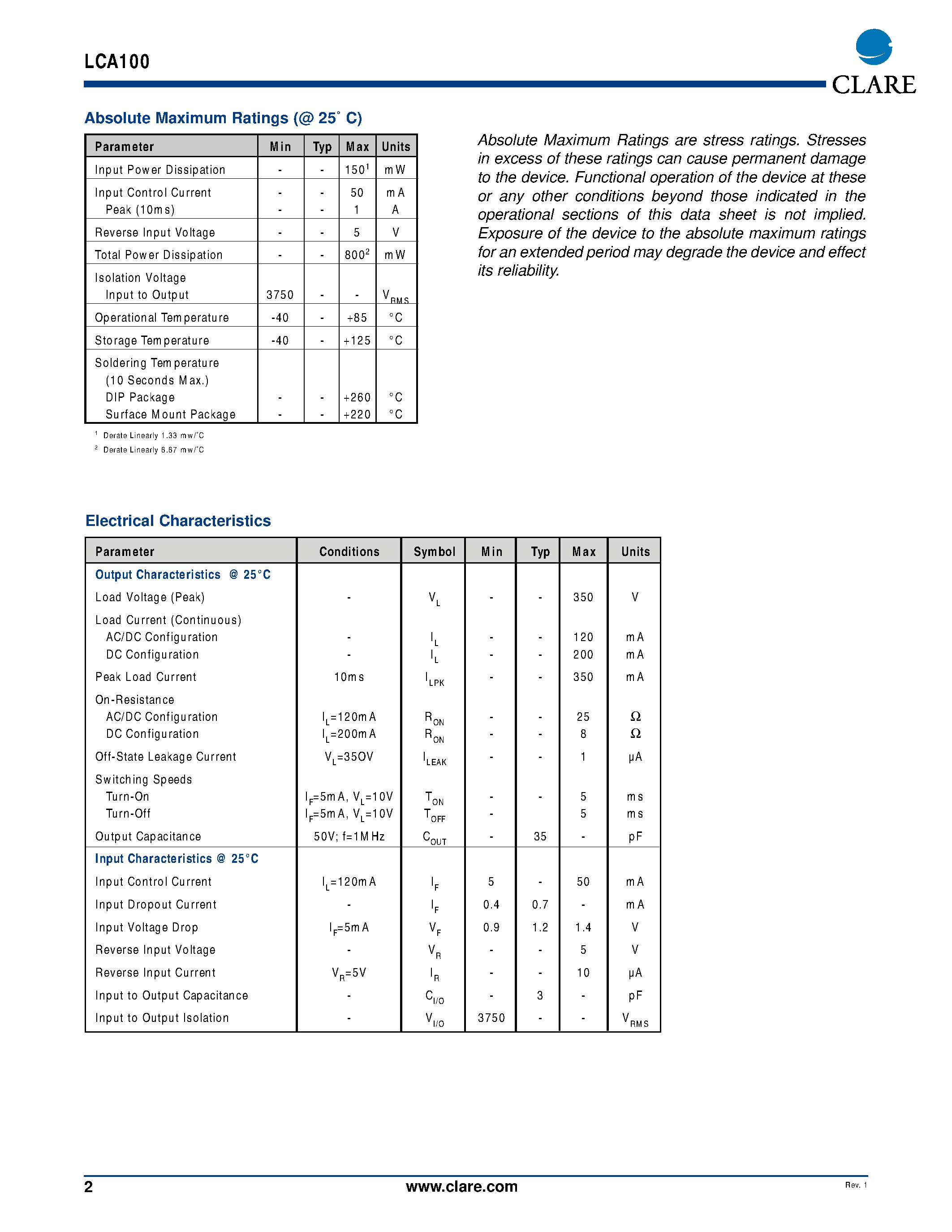 Даташит LCA100S - Single Pole OptoMOS Relay страница 2