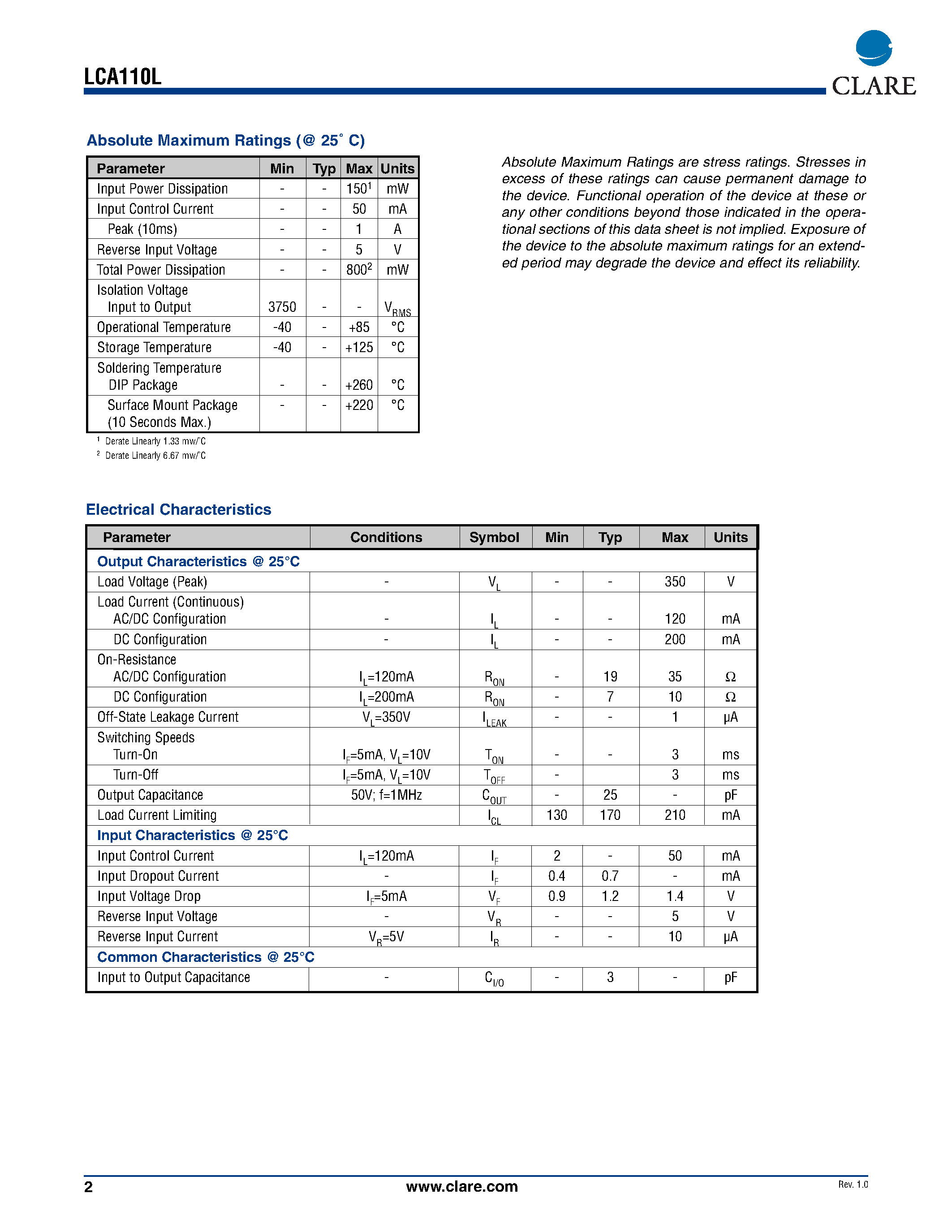 Даташит LCA110L - Single Pole OptoMOS Relay страница 2