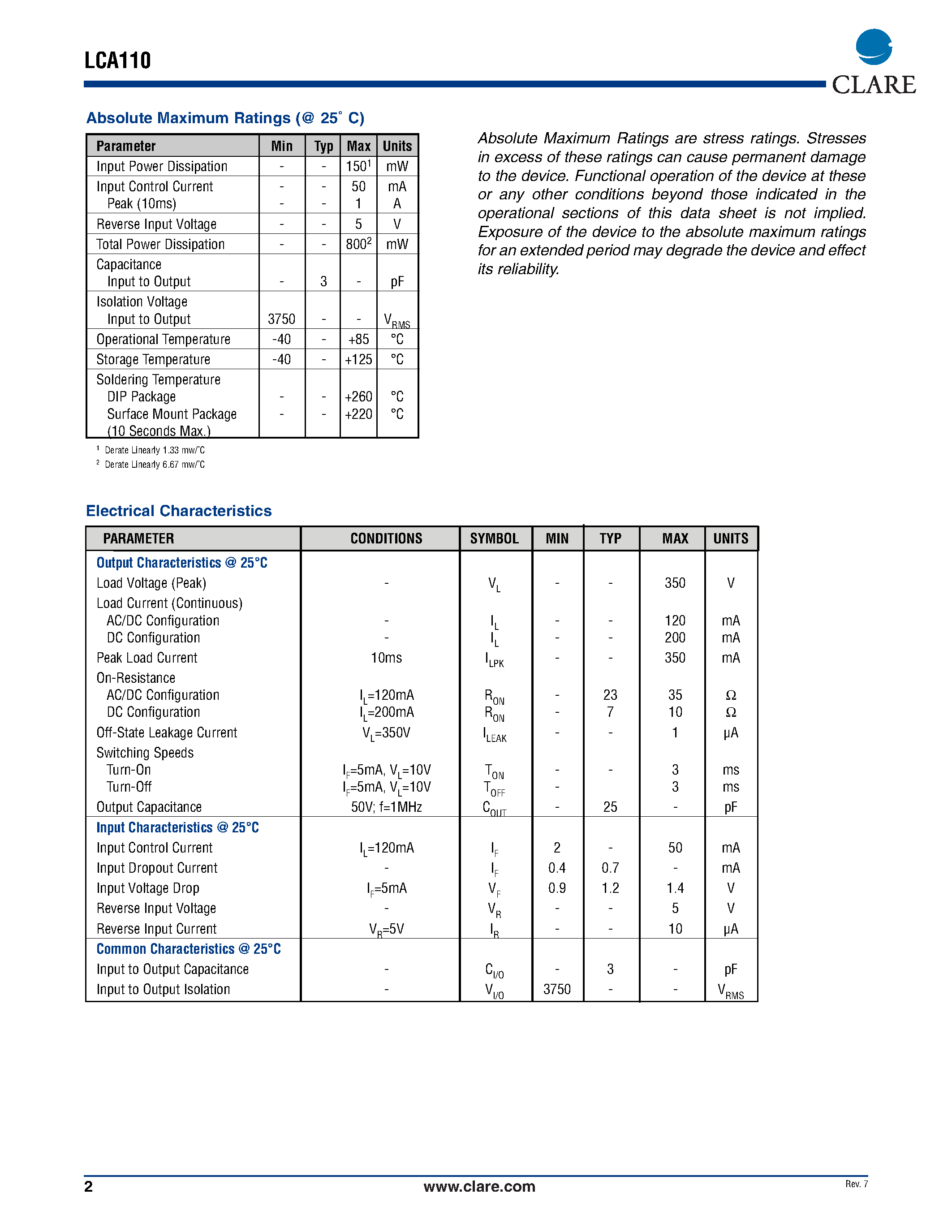 Даташит LCA110S - Single Pole OptoMOS Relay страница 2