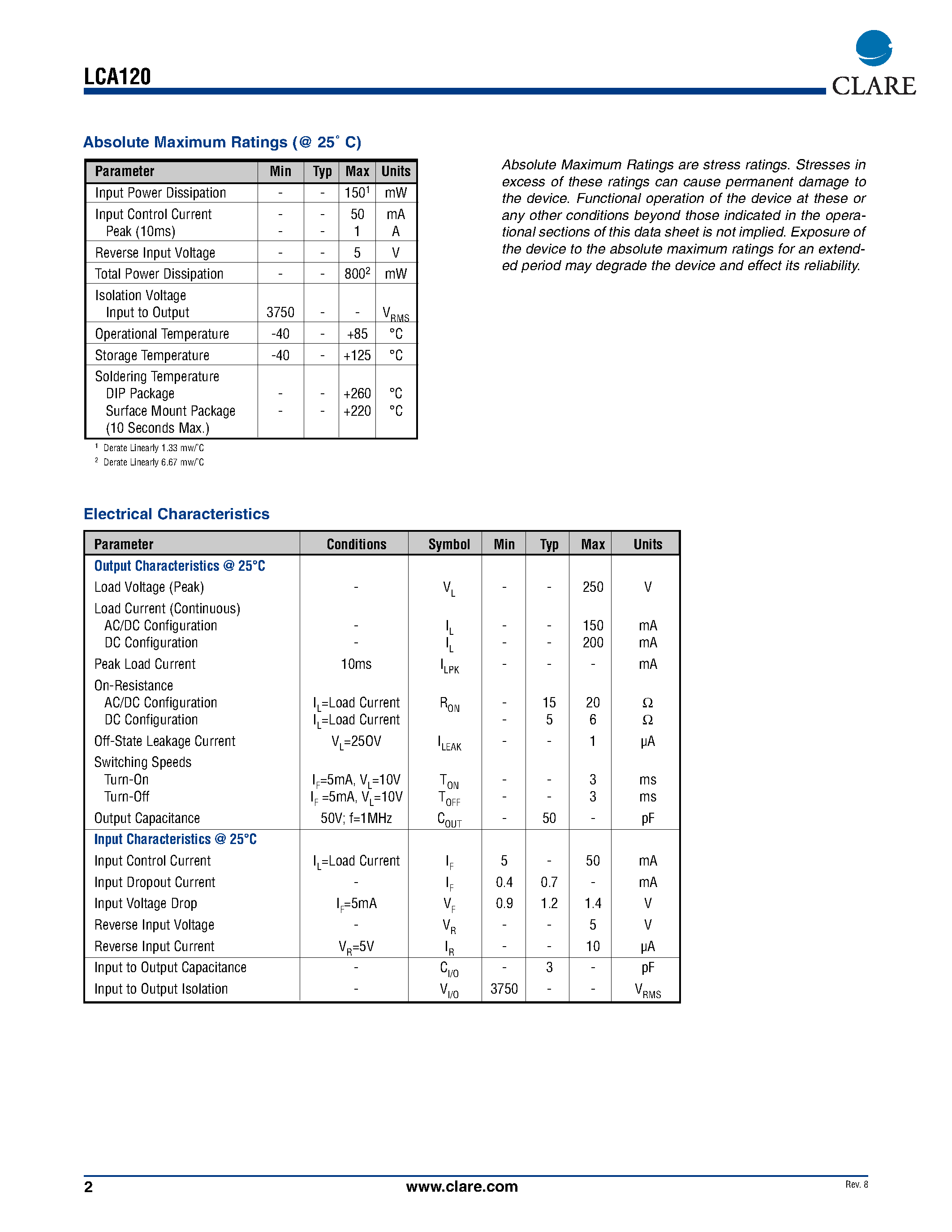Даташит LCA120 - Single Pole OptoMOS Relay страница 2