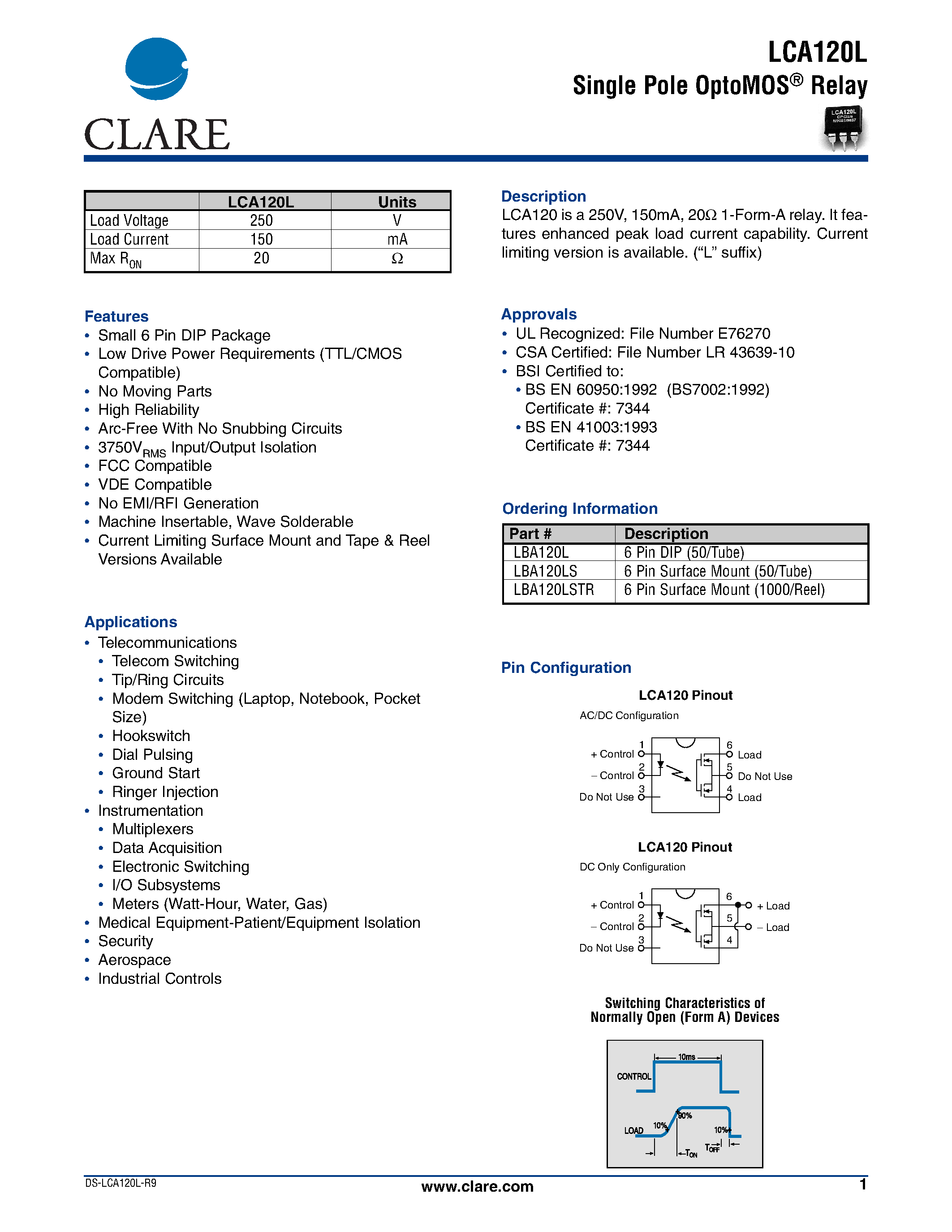 Даташит LCA120L - Single Pole OptoMOS Relay страница 1