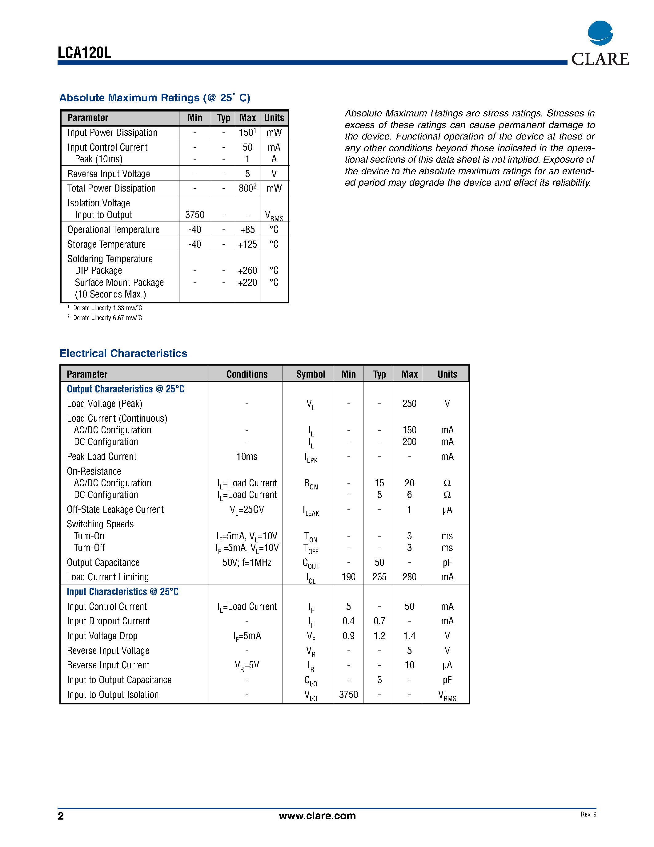 Даташит LCA120L - Single Pole OptoMOS Relay страница 2