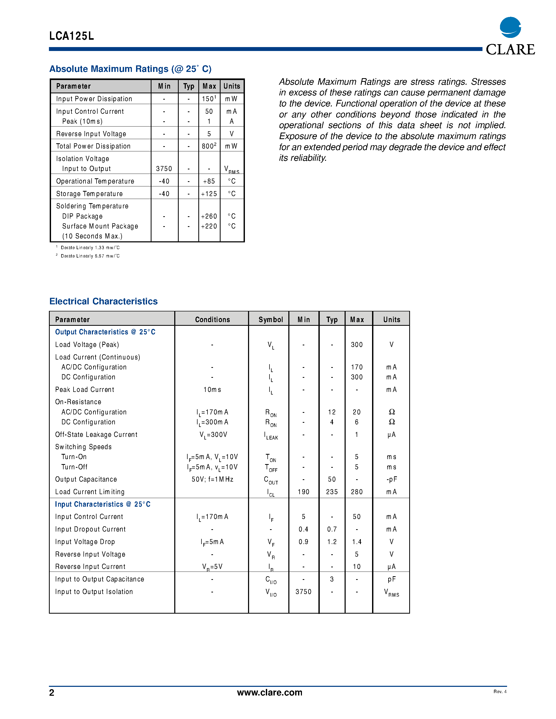 Даташит LCA125L - Single Pole OptoMOS Relay страница 2