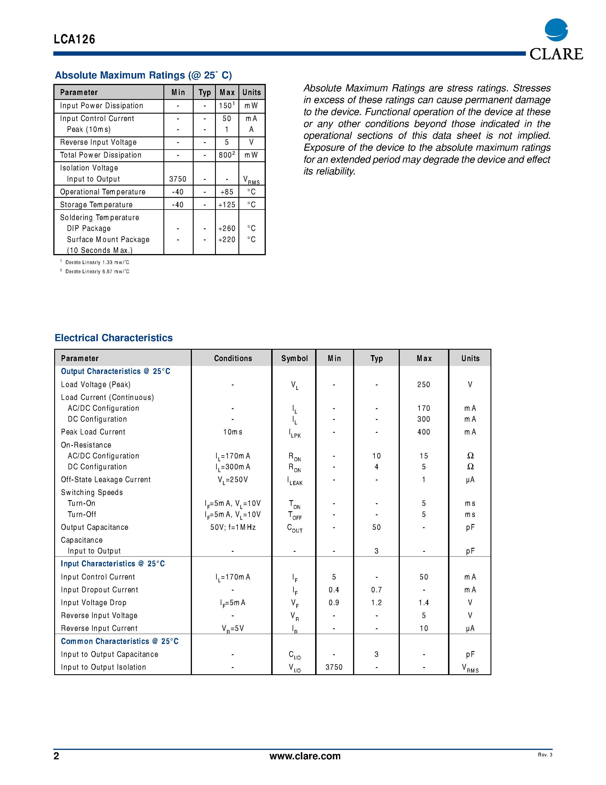 Datasheet LCA126 - Single Pole OptoMOS Relays page 2