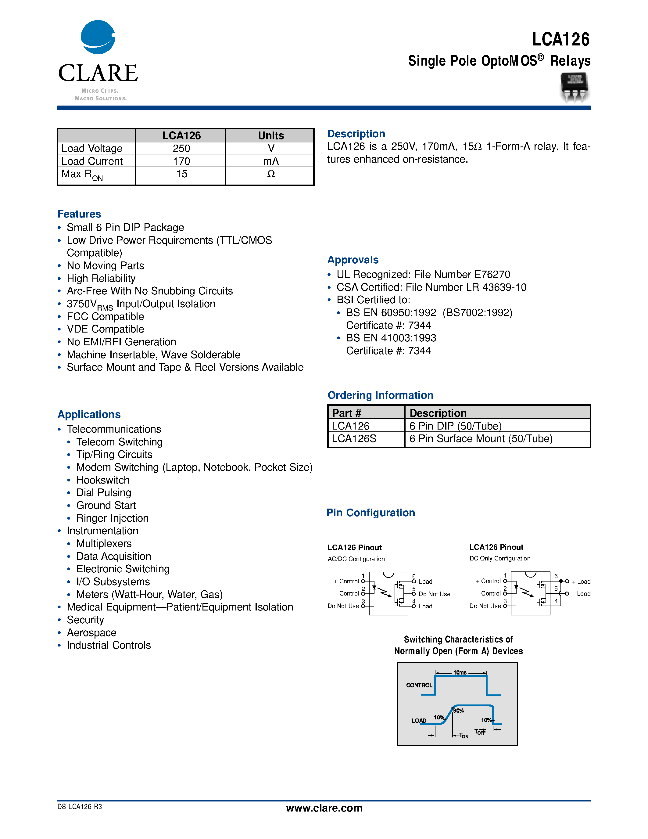 Datasheet LCA126S - Single Pole OptoMOS Relays page 1