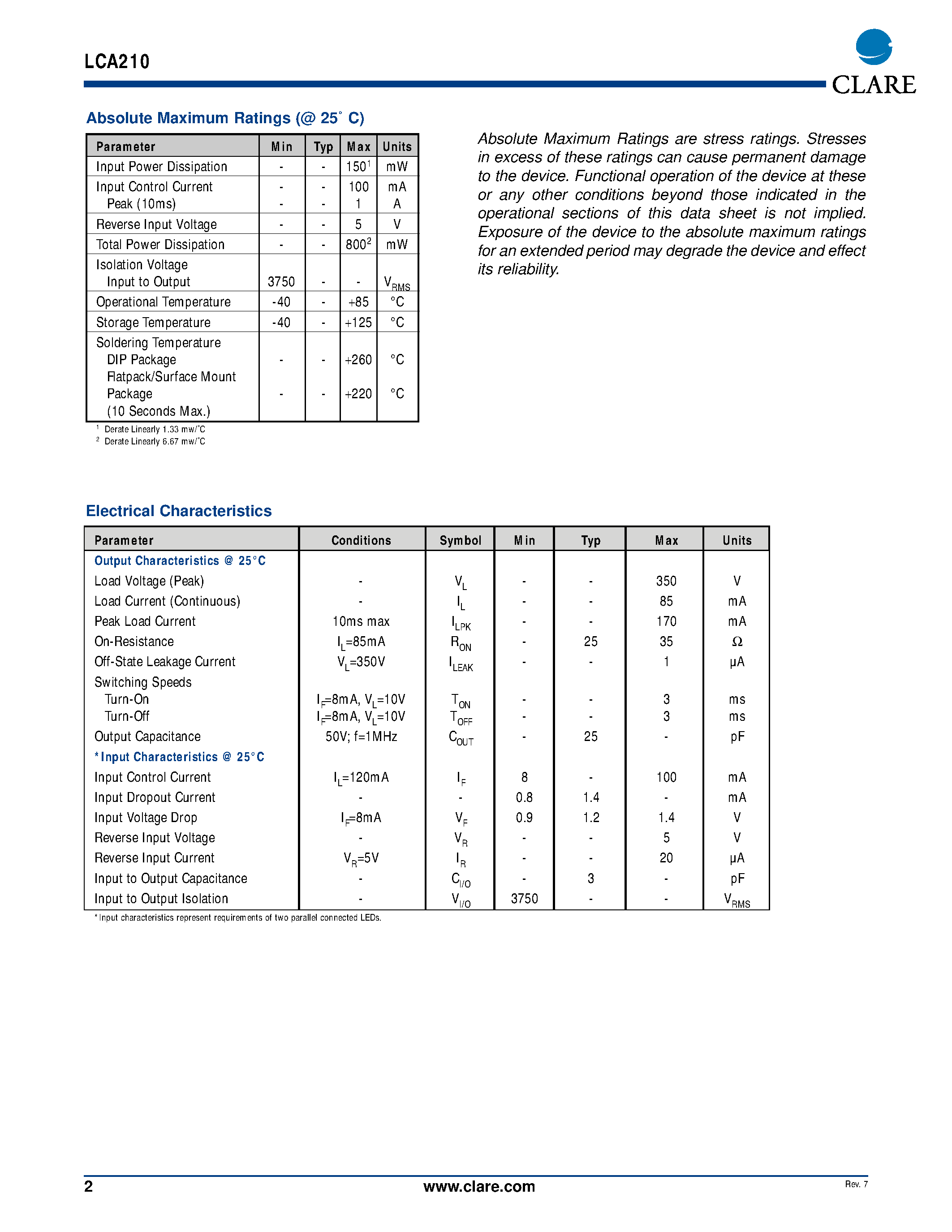 Datasheet LCA210 - Dual Pole OptoMOS Relays page 2