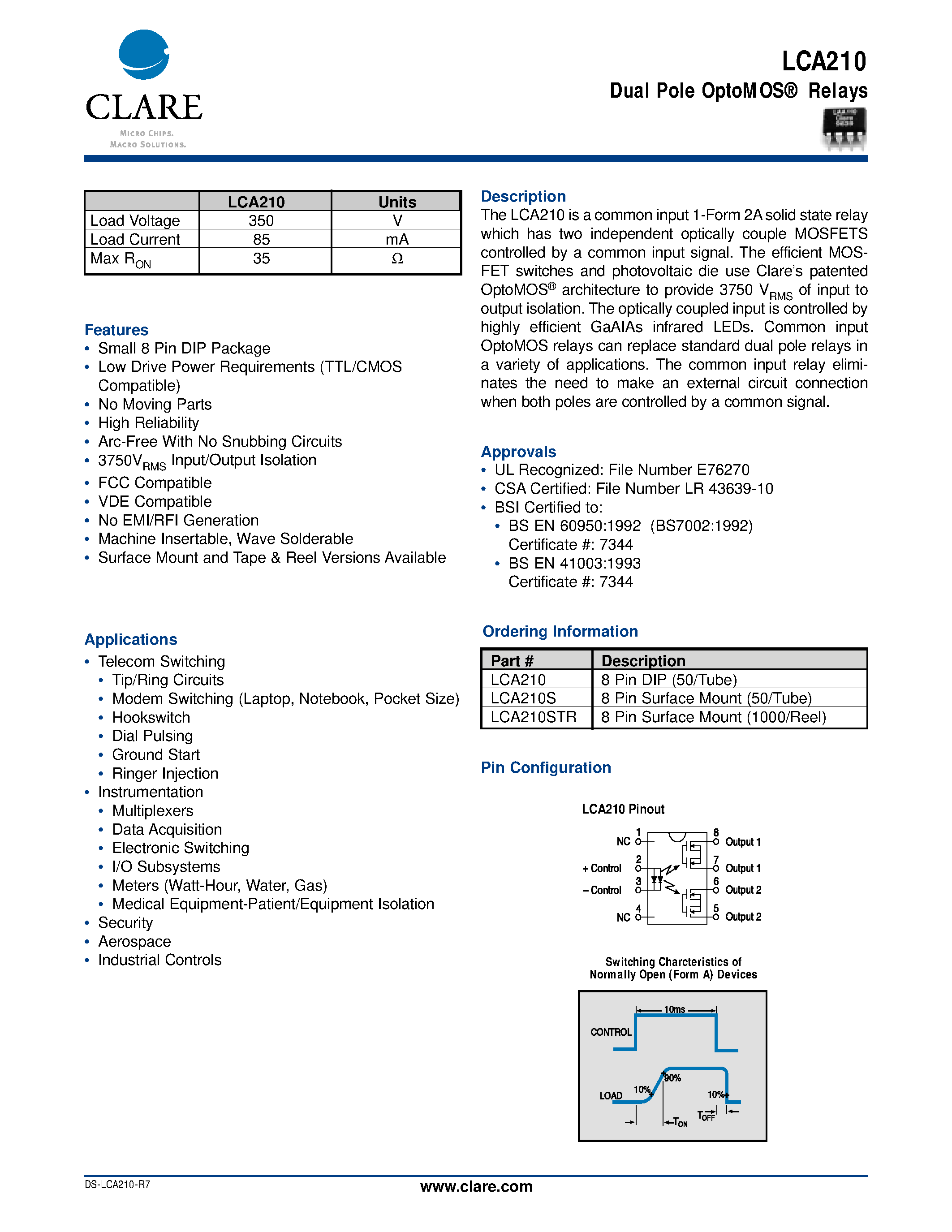 Datasheet LCA210S - Dual Pole OptoMOS Relays page 1