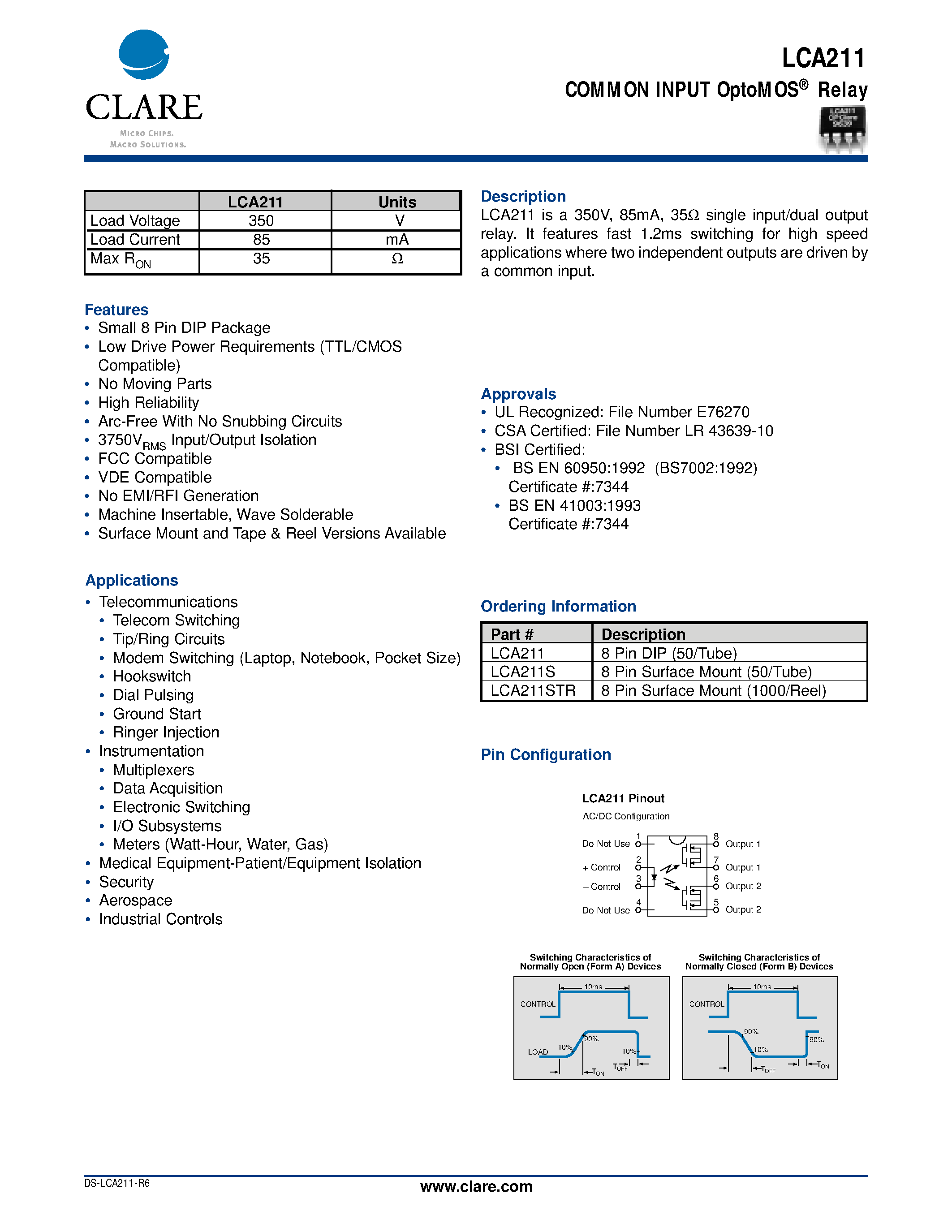 Даташит LCA211 - COMMON INPUT OptoMOS Relay страница 1