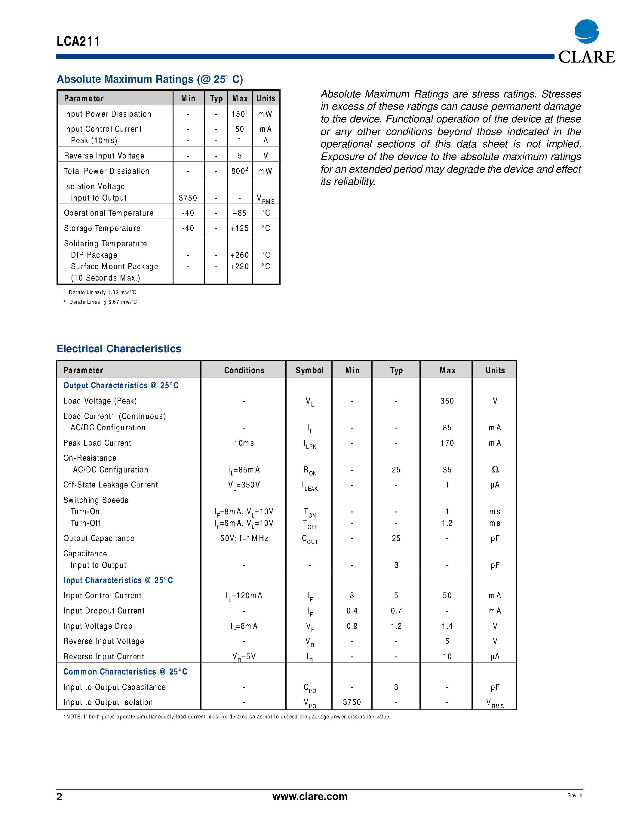 Даташит LCA211STR - COMMON INPUT OptoMOS Relay страница 2