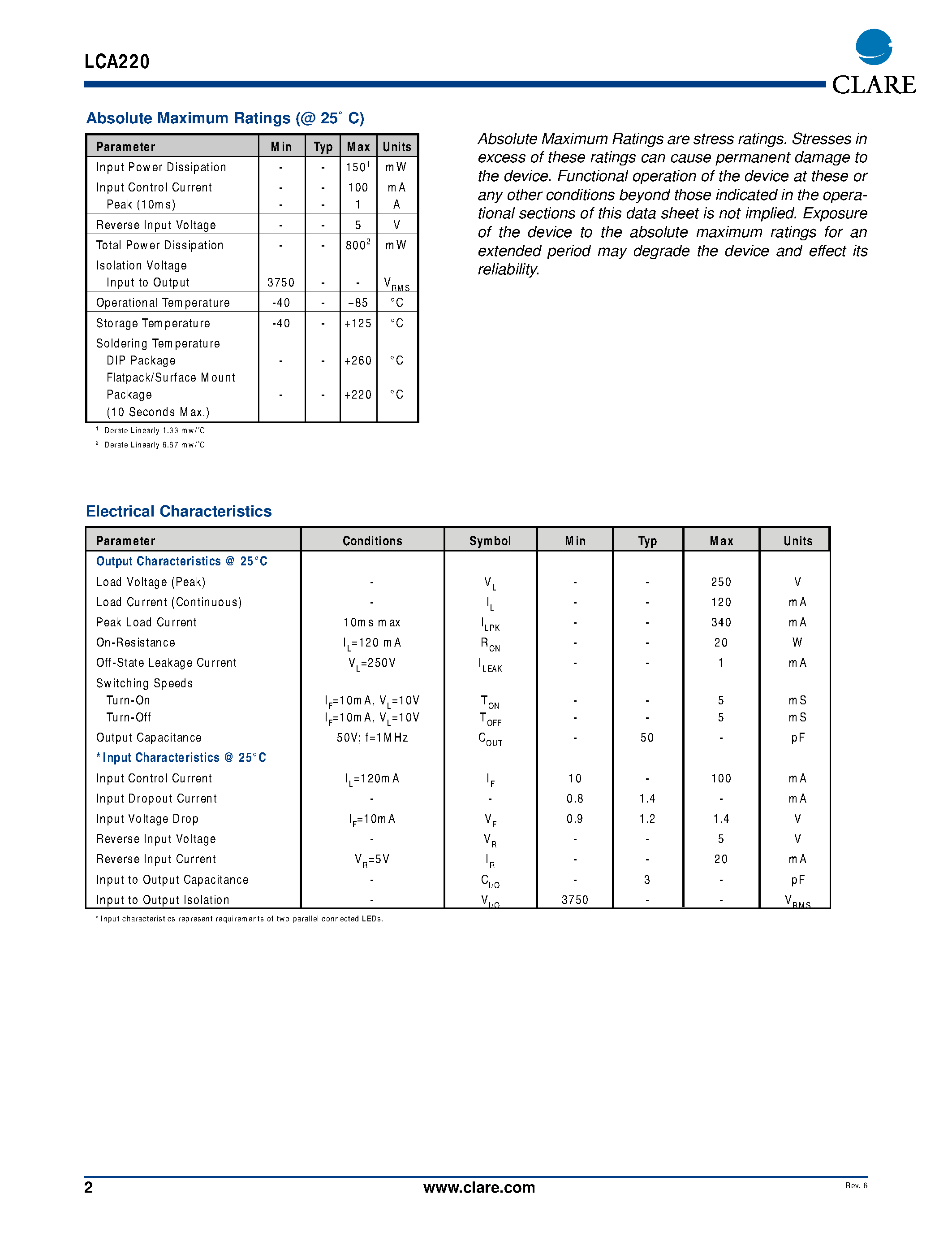 Datasheet LCA220S - Commom Input OptoMOS Relays page 2