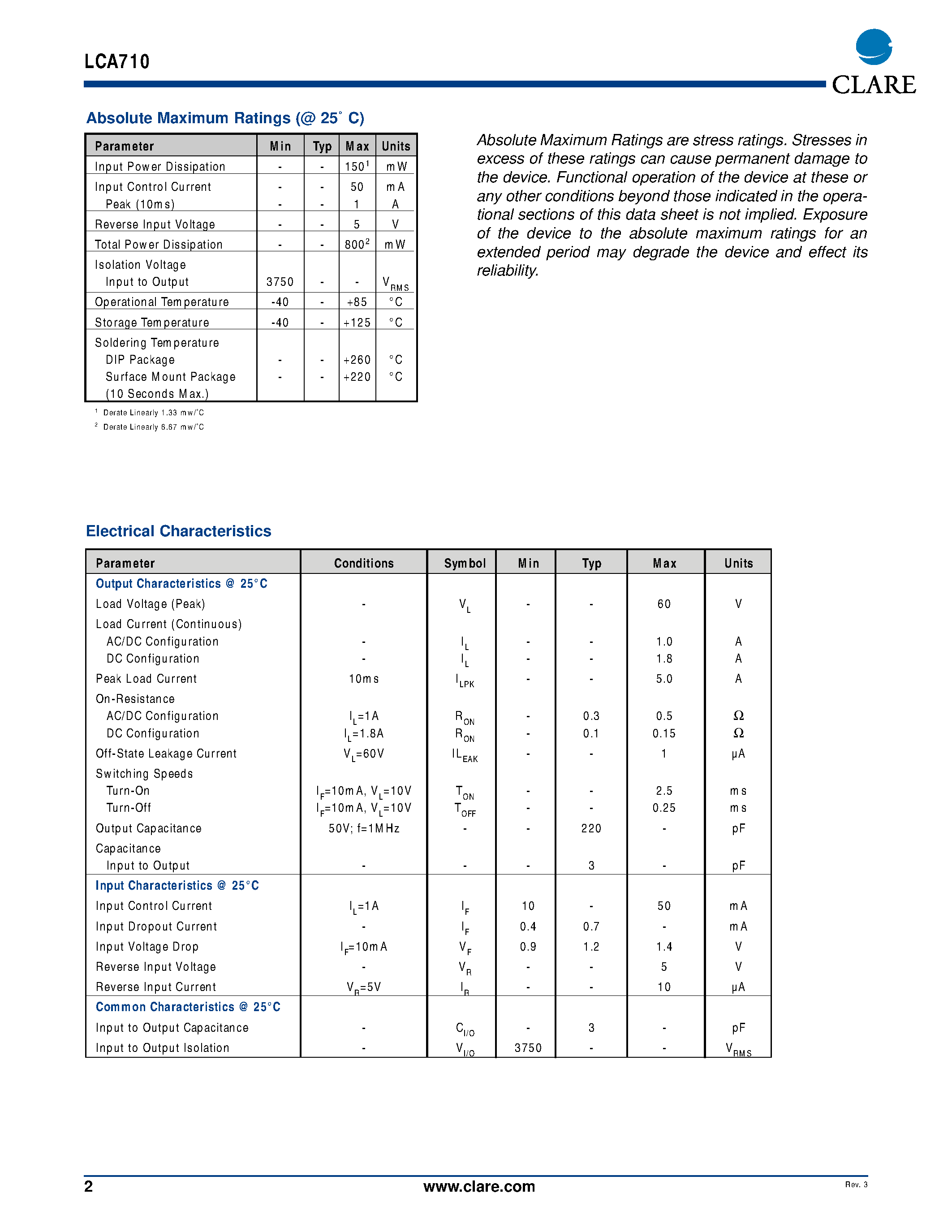 Даташит LCA710 - Single Pole OptoMOS Relay страница 2
