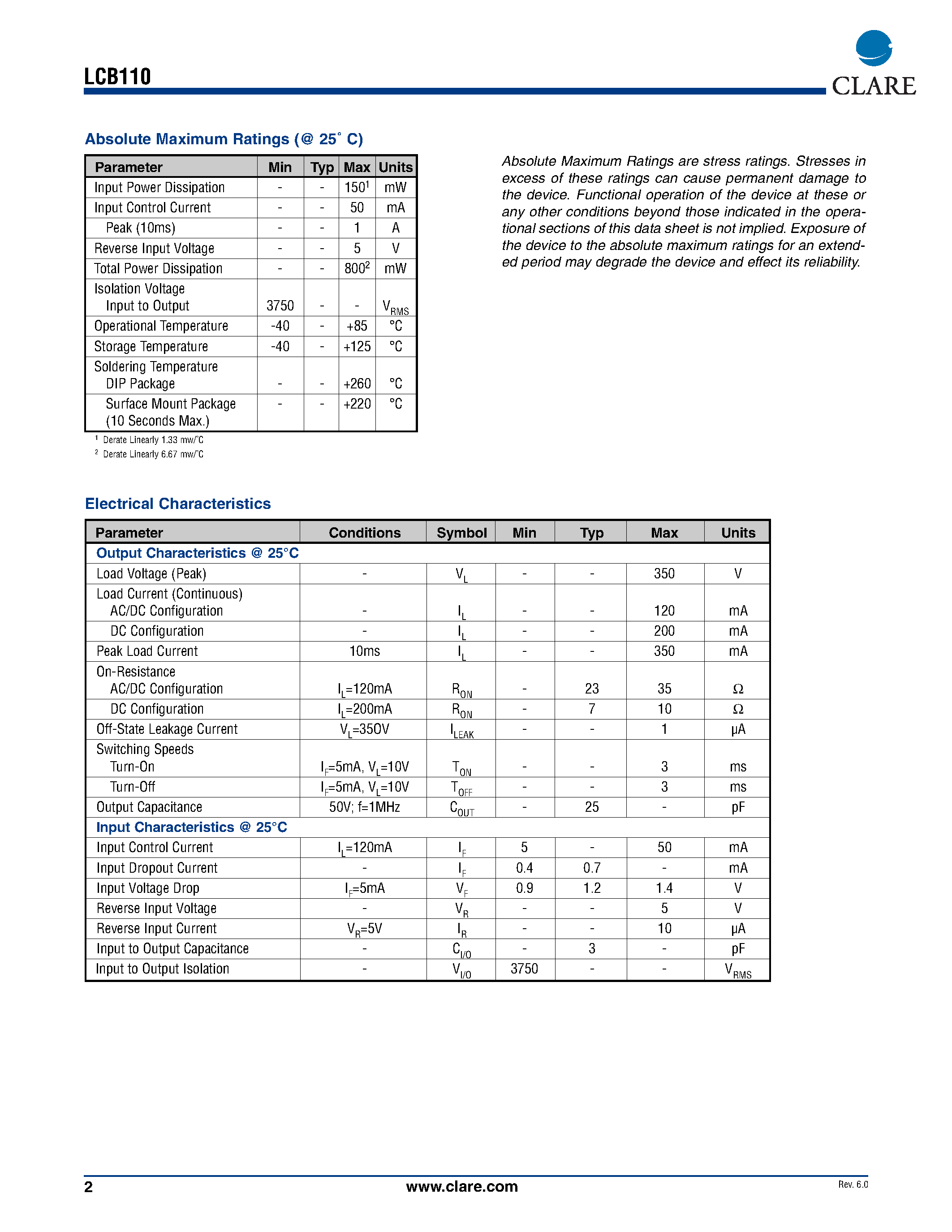 Даташит LCB110S - Single Pole OptoMOS Relay страница 2