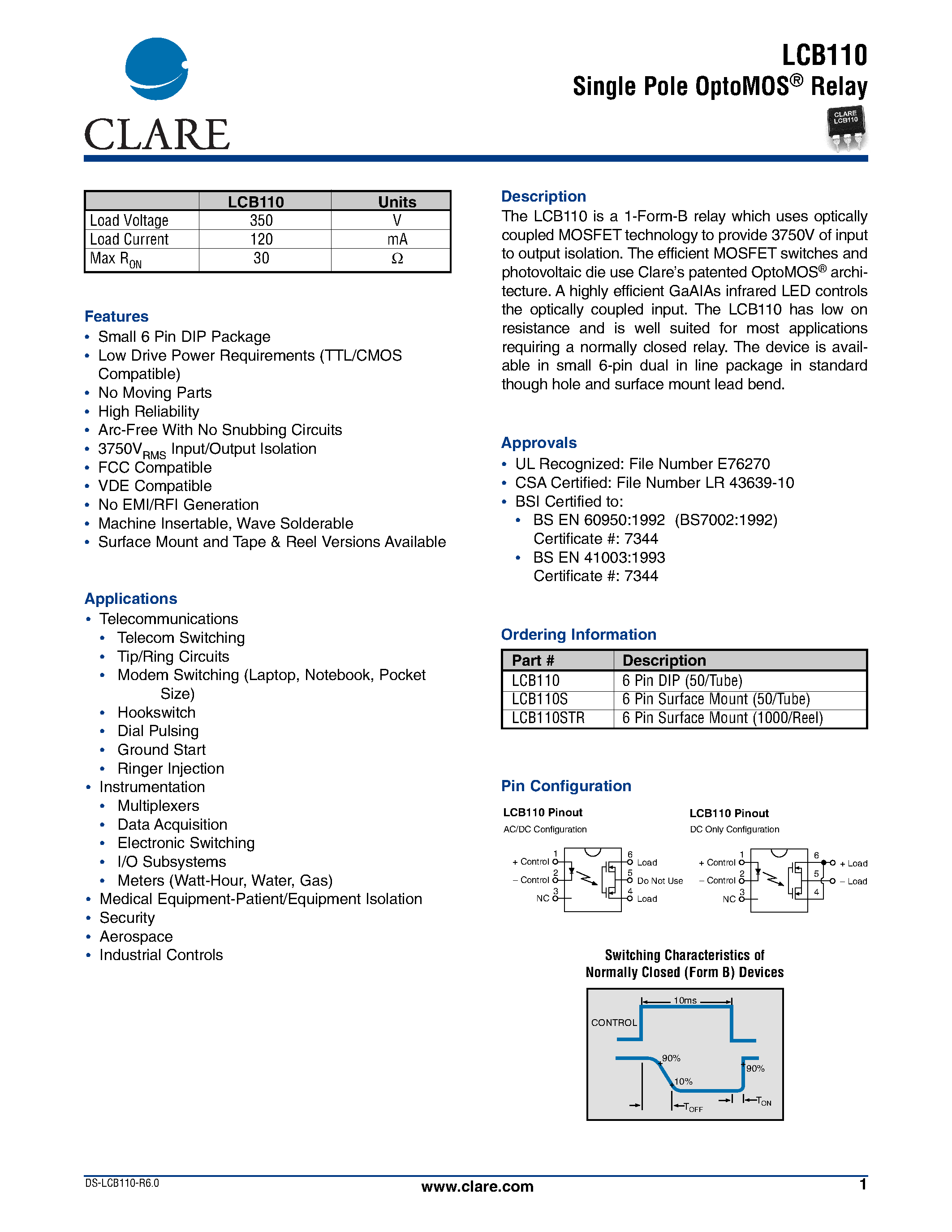 Даташит LCB110STR - Single Pole OptoMOS Relay страница 1