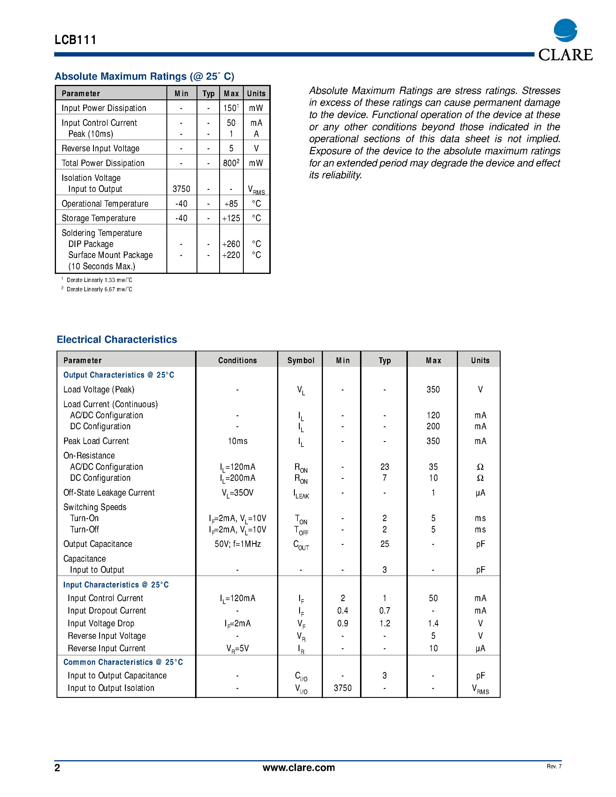 Даташит LCB111STR - Single Pole OptoMOS Relay страница 2