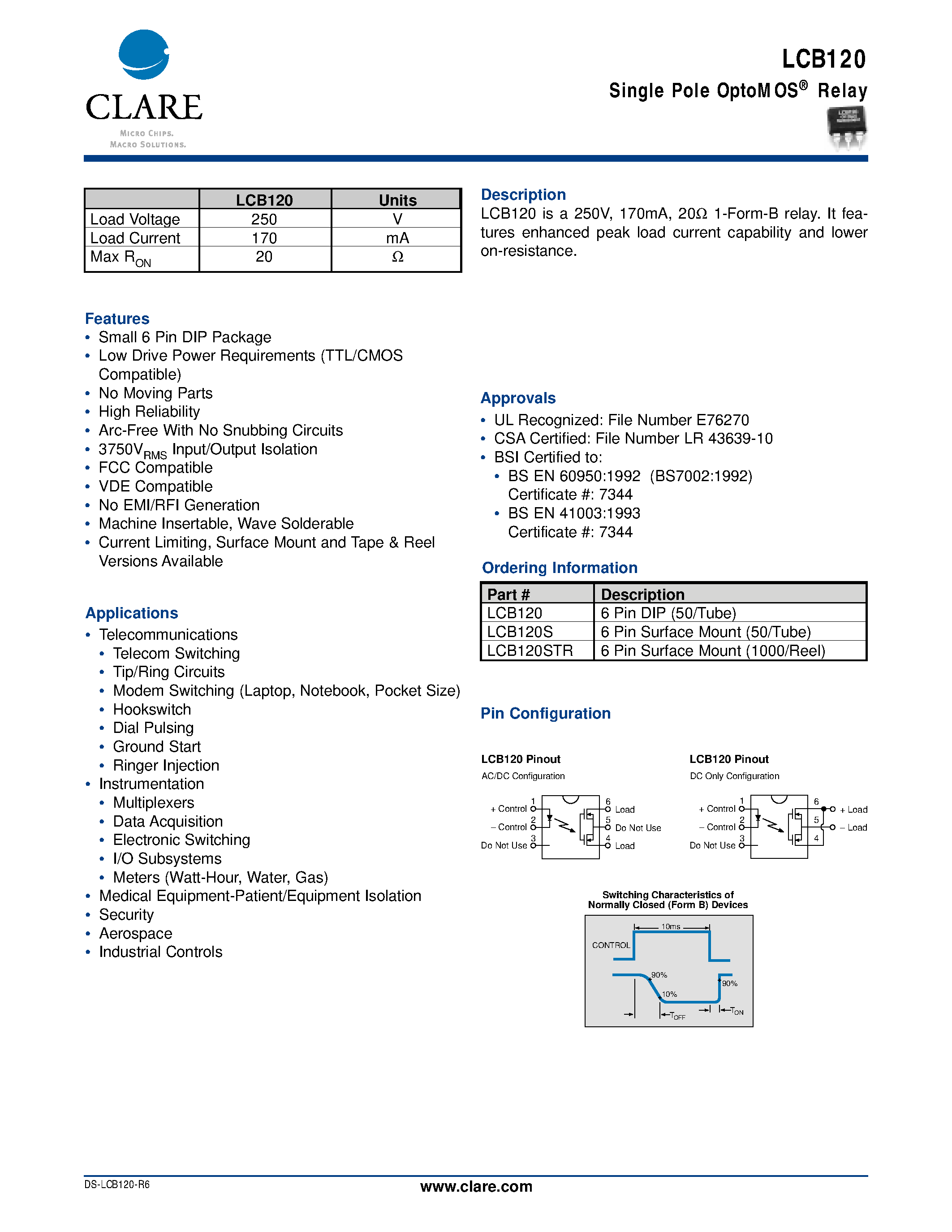 Даташит LCB120 - Single Pole OptoMOS Relay страница 1