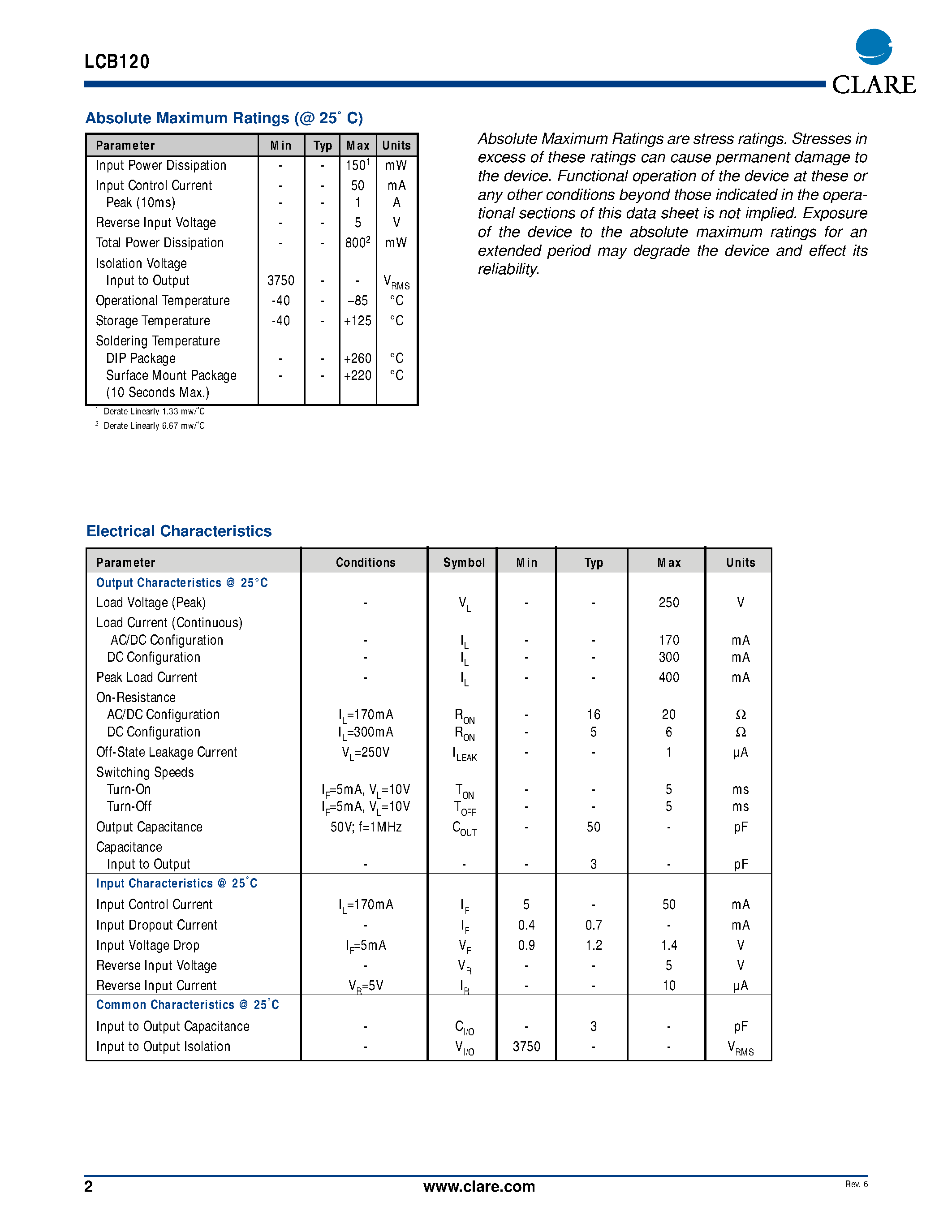 Даташит LCB120 - Single Pole OptoMOS Relay страница 2