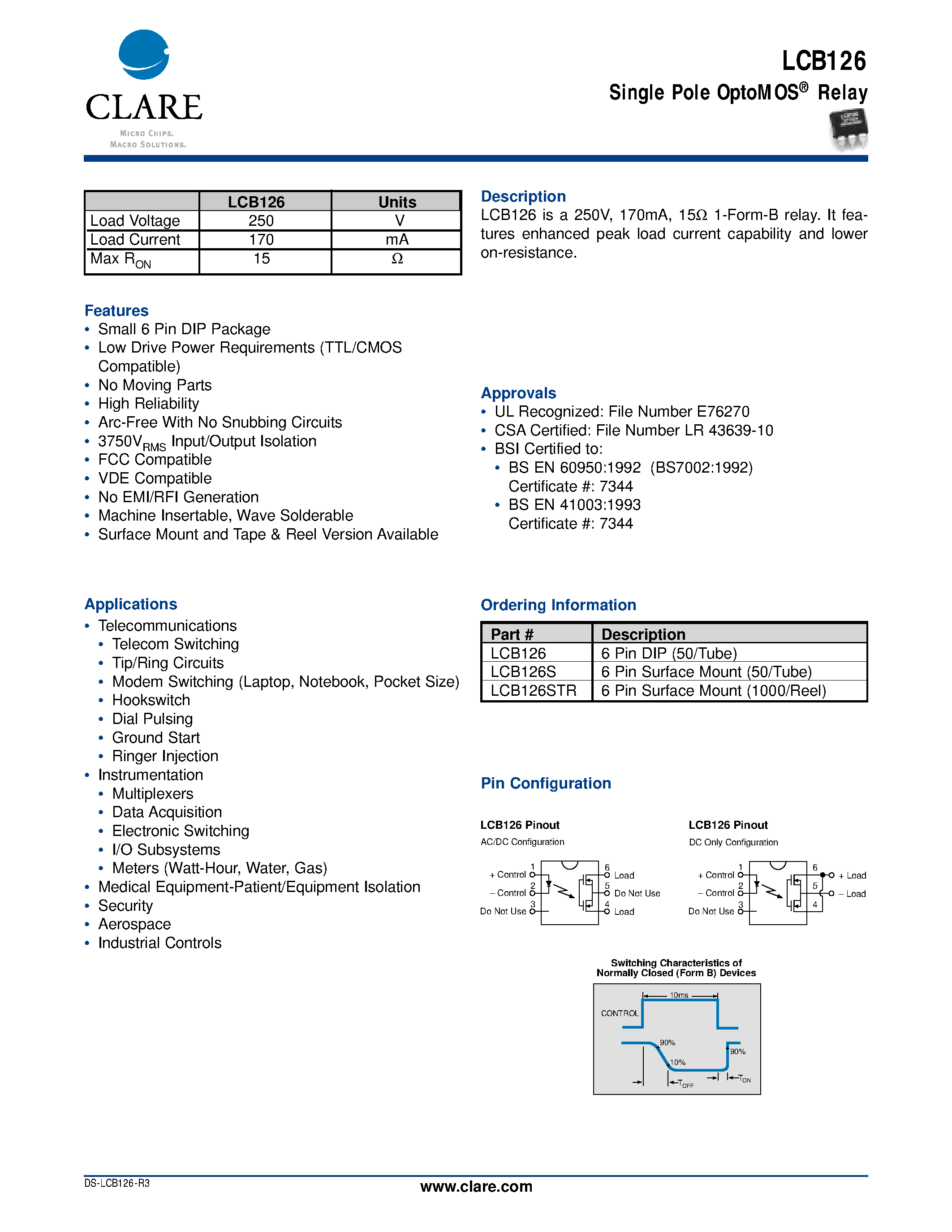 Даташит LCB126S - Single Pole OptoMOS Relay страница 1