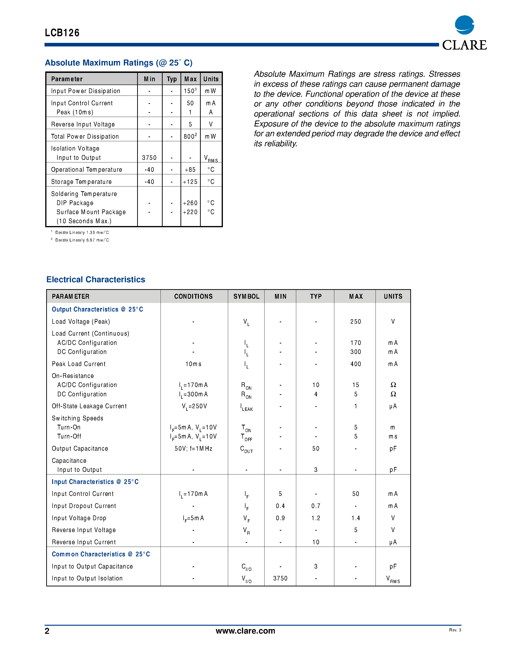Даташит LCB126STR - Single Pole OptoMOS Relay страница 2