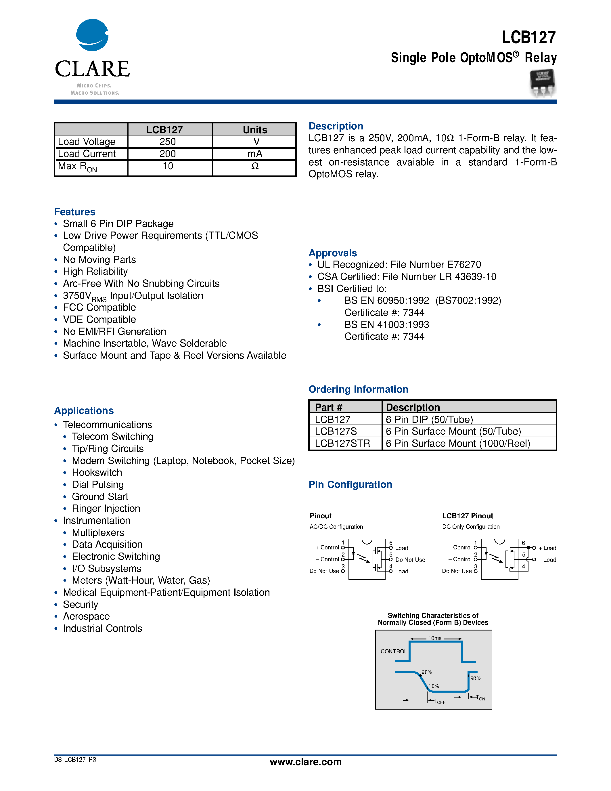 Даташит LCB127S - Single Pole OptoMOS Relay страница 1