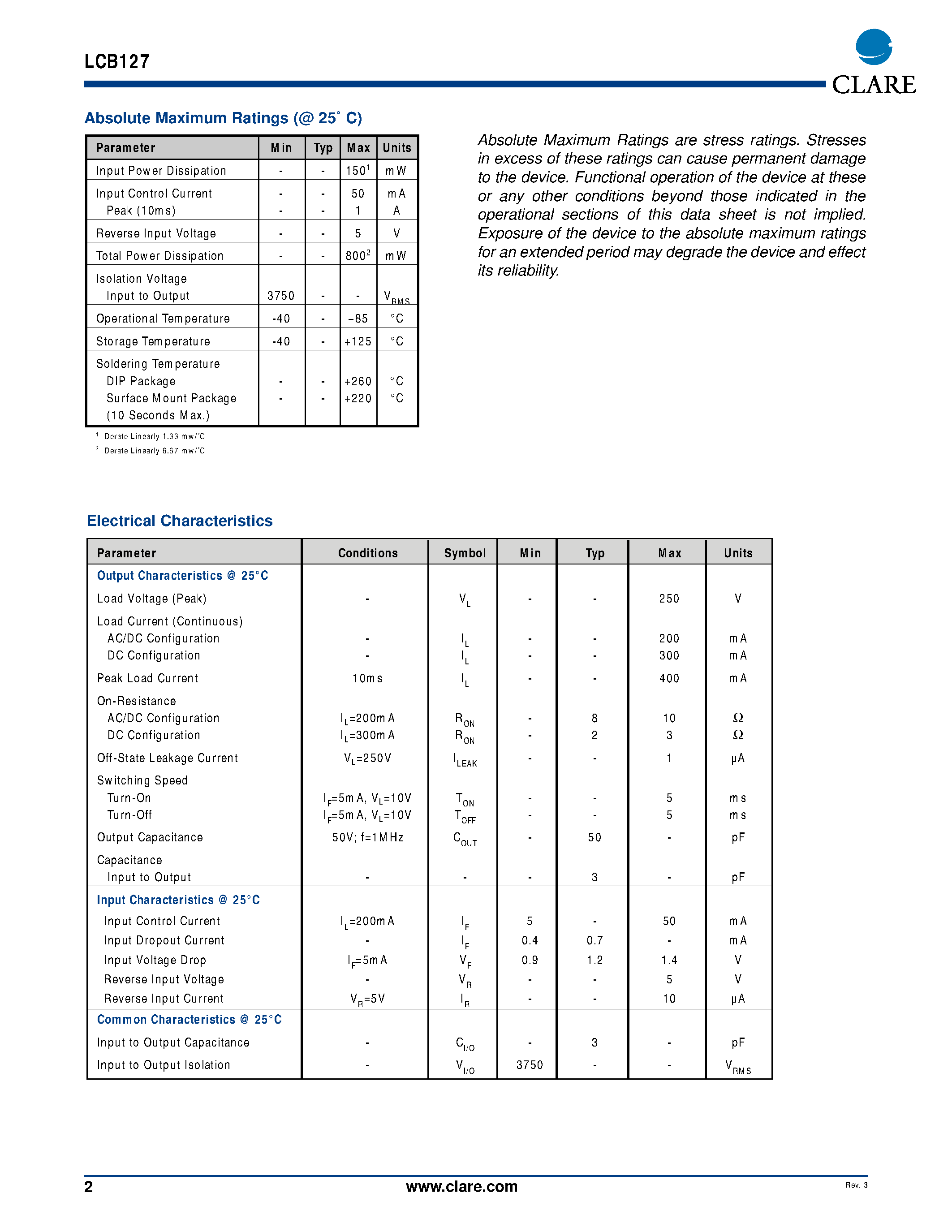 Даташит LCB127STR - Single Pole OptoMOS Relay страница 2