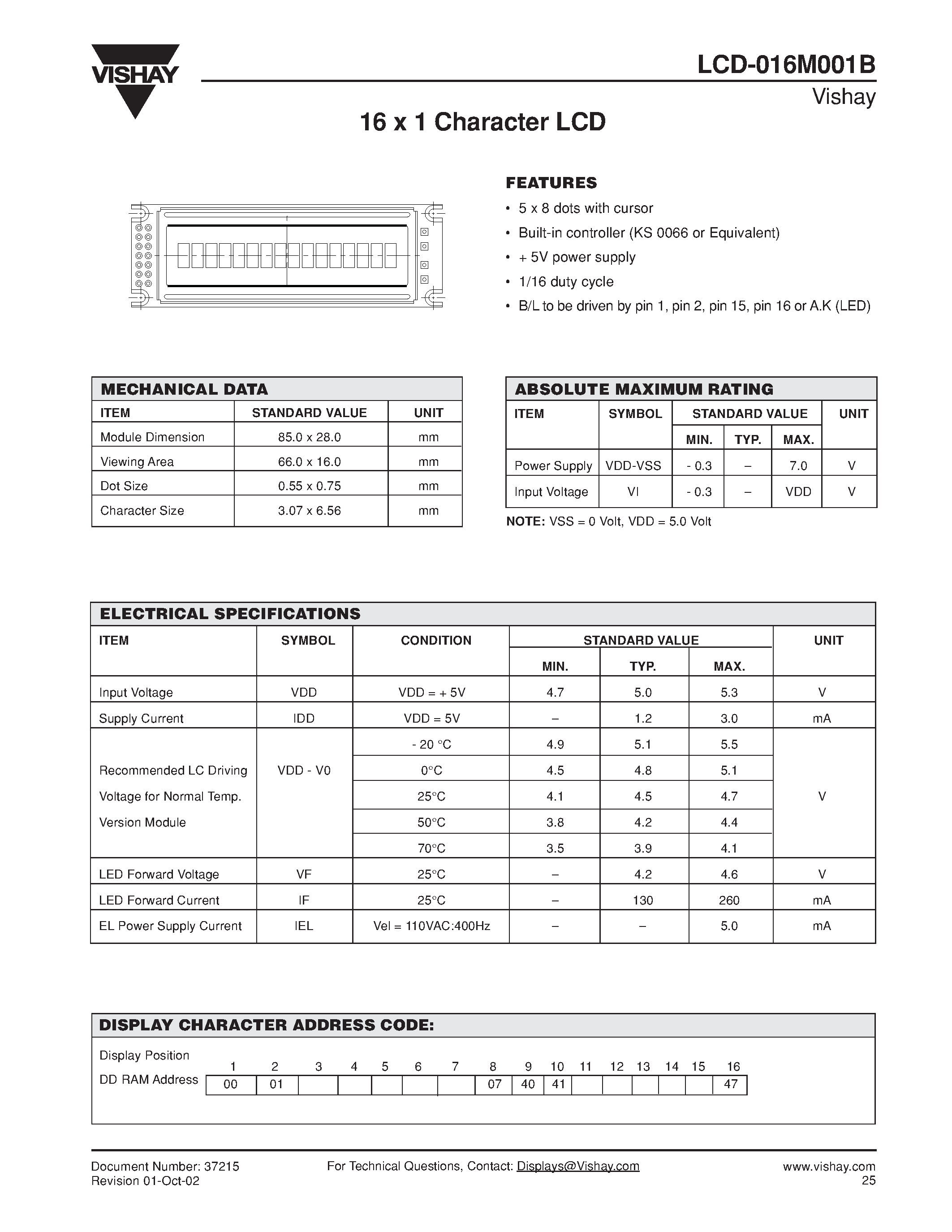 Даташит LCD-016M001B - 16 x 1 Character LCD страница 1