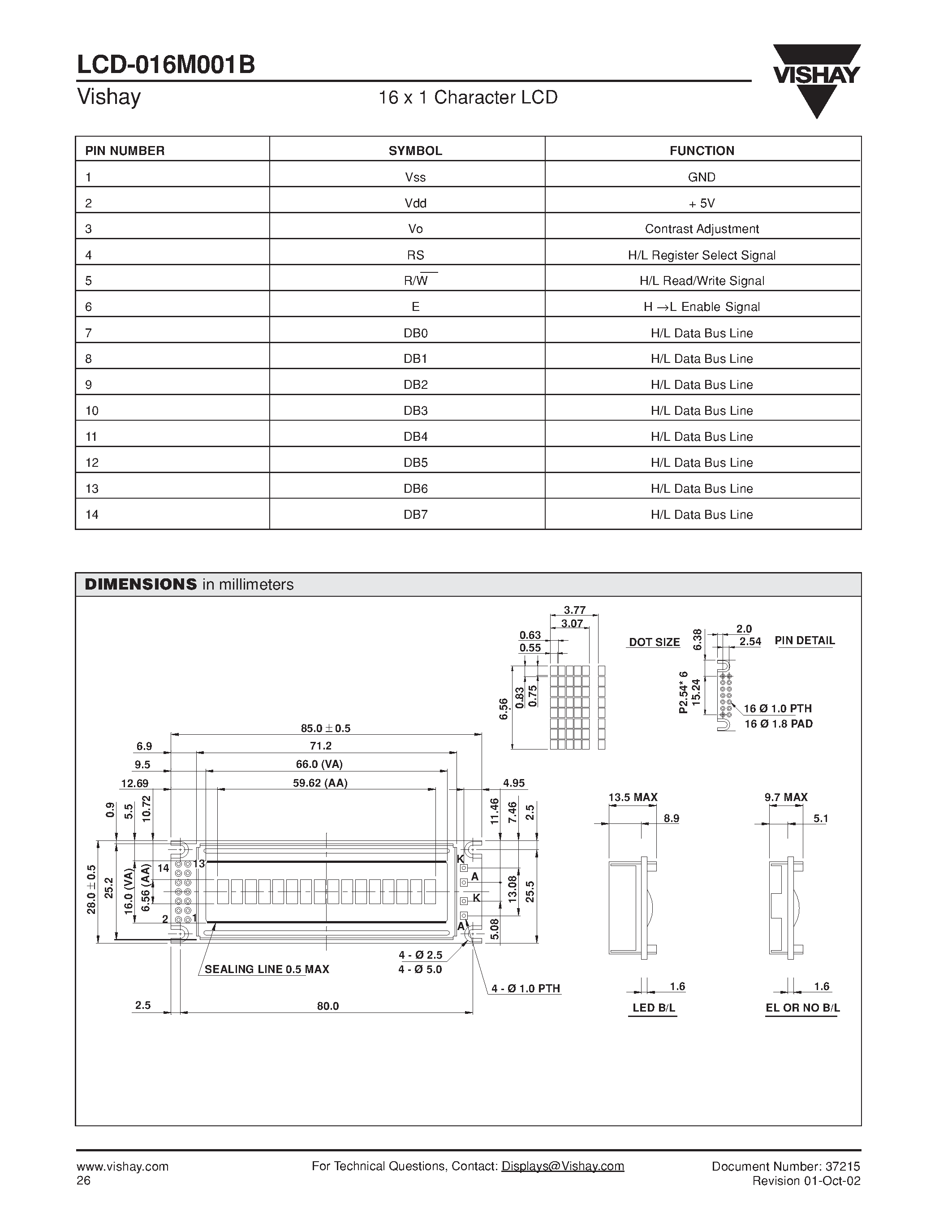 Даташит LCD-016M001B - 16 x 1 Character LCD страница 2