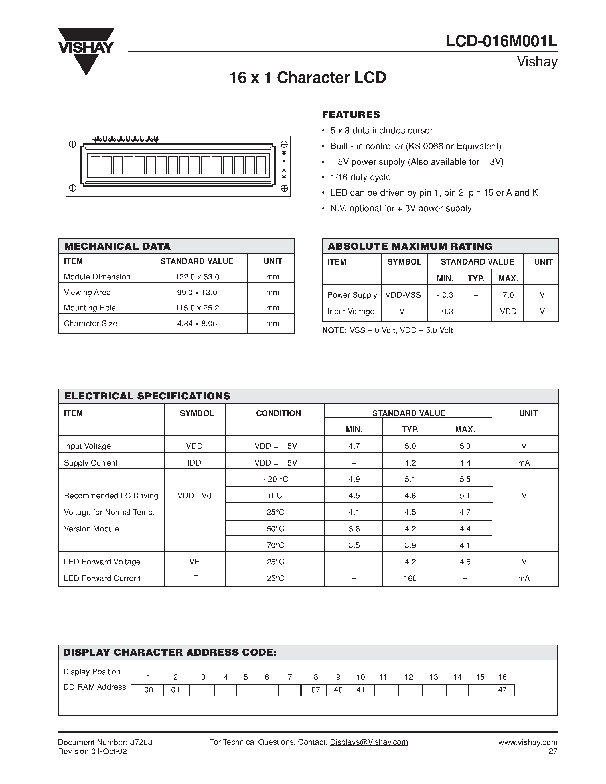 Даташит LCD-016M001L - 16 x 1 Character LCD страница 1