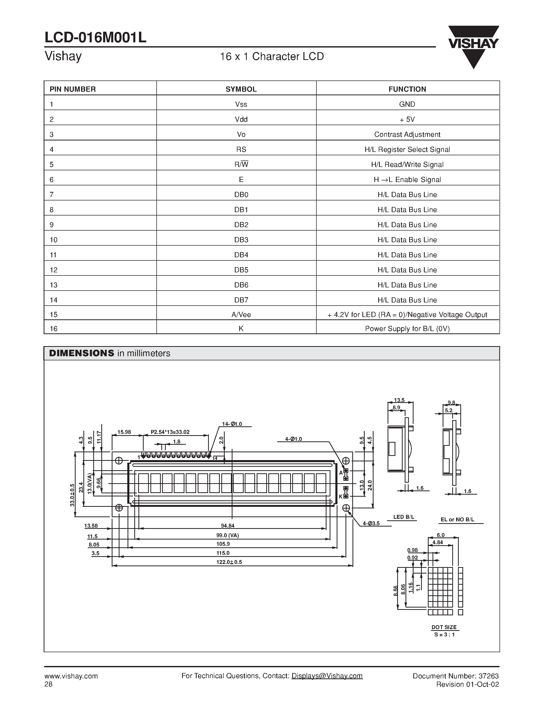 Даташит LCD-016M001L - 16 x 1 Character LCD страница 2