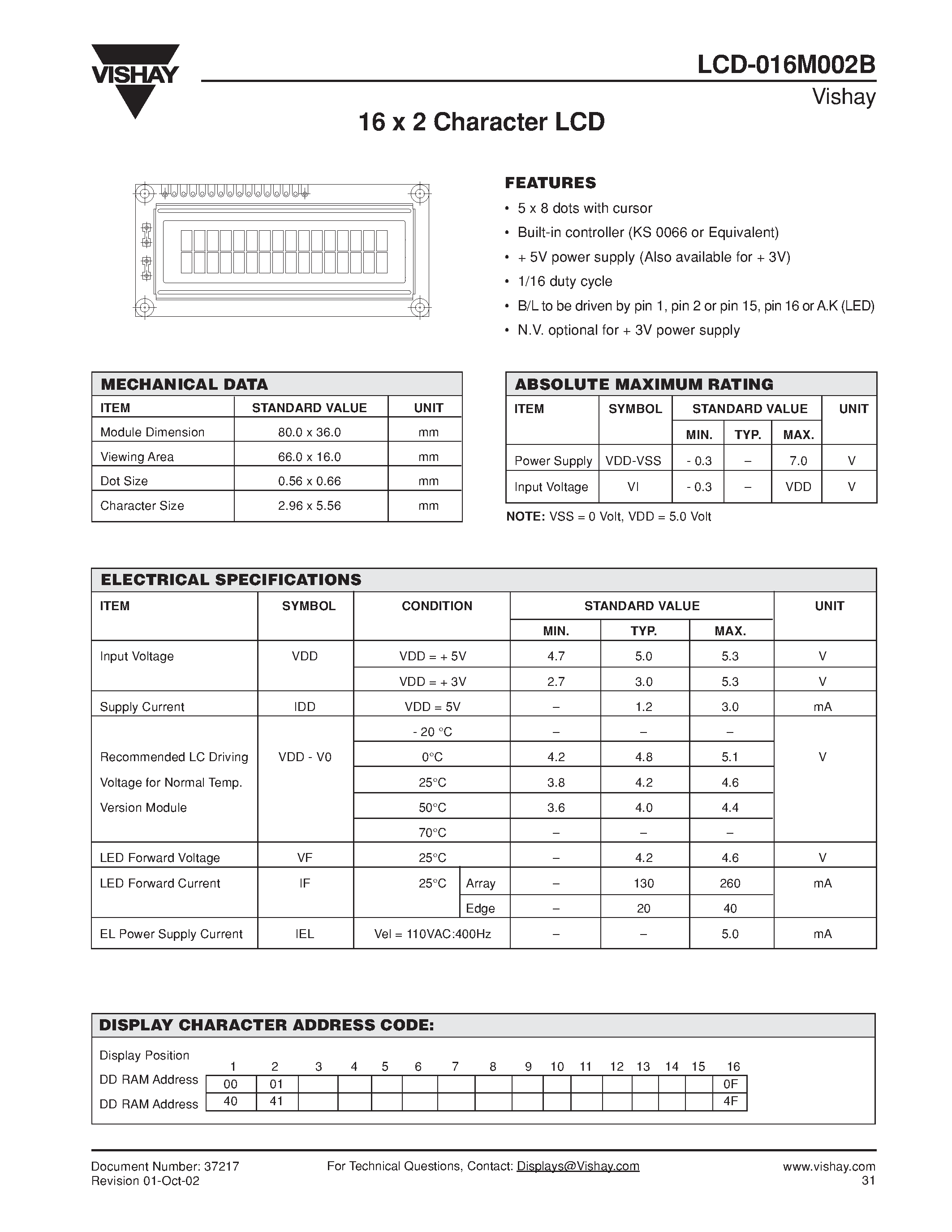 Datasheet LCD-016M002B - 16 x 2 Character LCD page 1