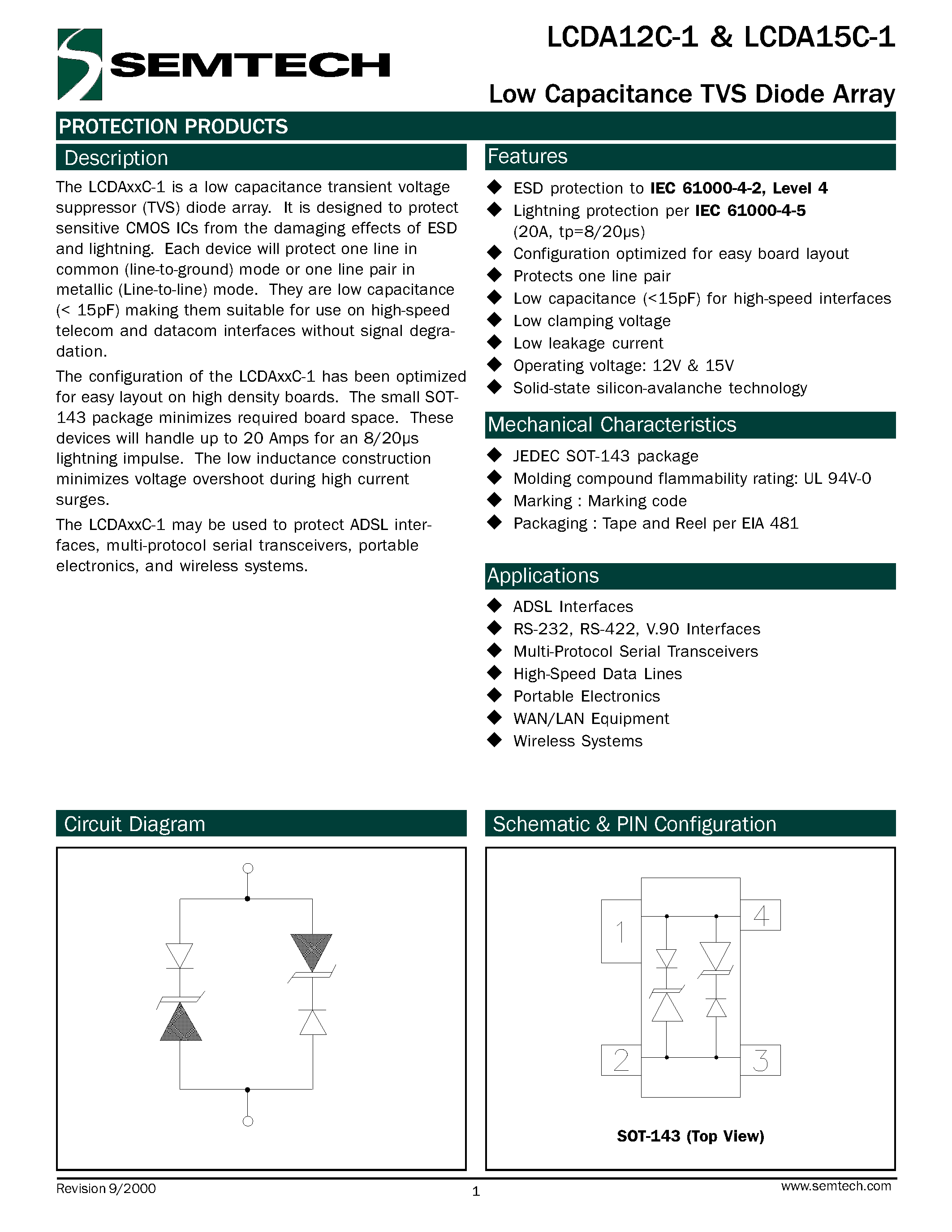 Даташит LCDA12C-1 - Low Capacitance TVS Diode Array страница 1