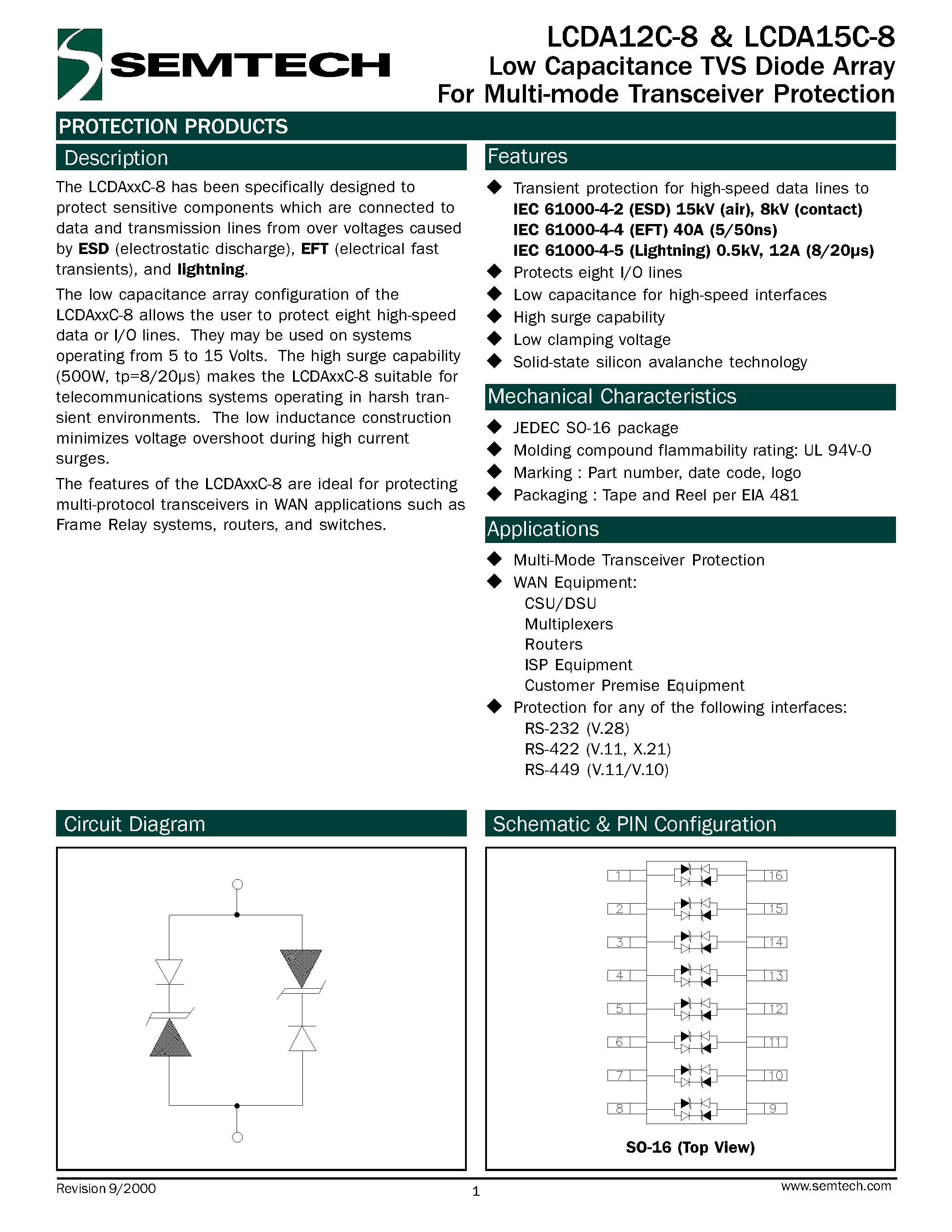 Datasheet LCDA12C-8 - Low Capacitance TVS Diode Array For Multi-mode Transceiver Protection page 1