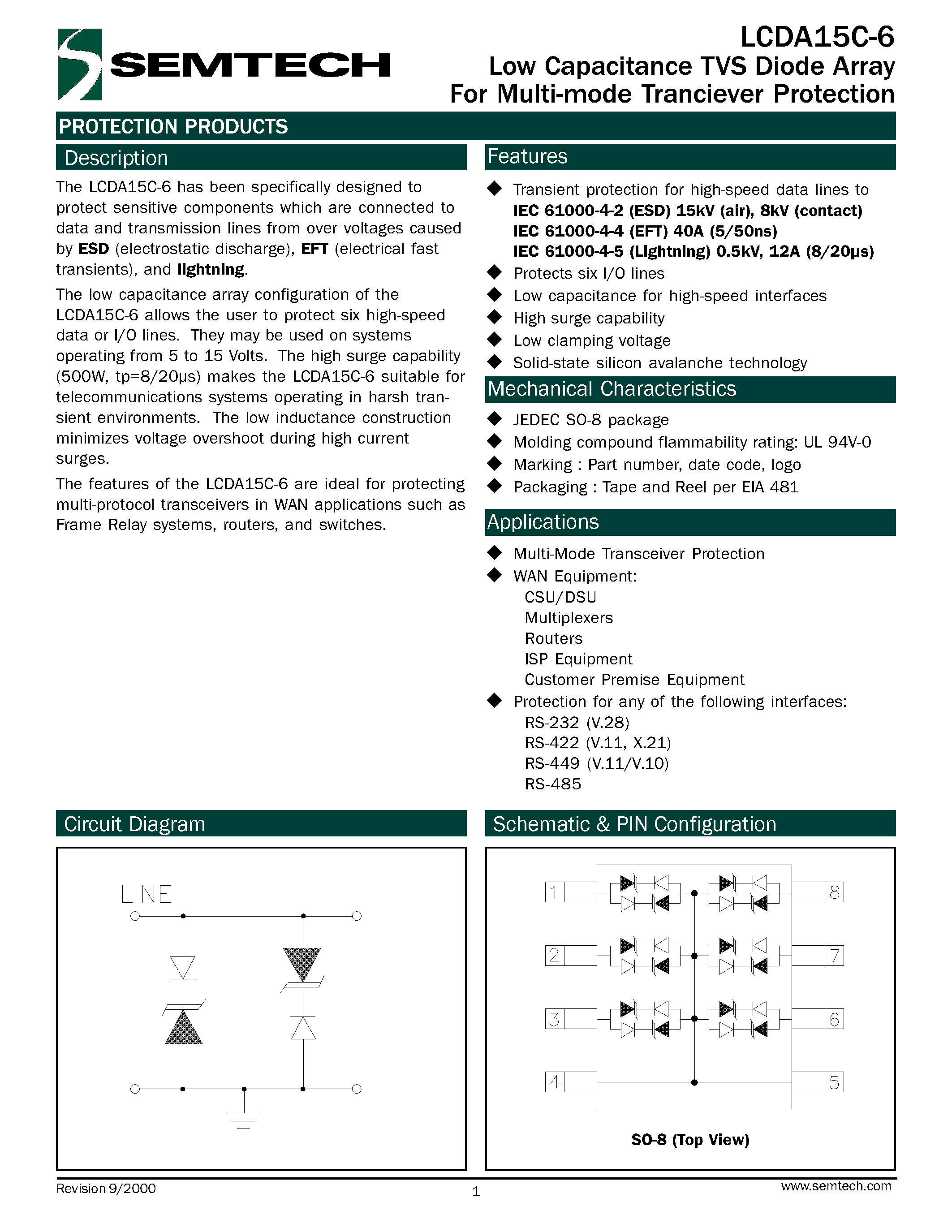 Datasheet LCDA15C-6 page 1 Datasheet LCDA15C-6 - Low Capacitance TVS Diode Array For Multi-mode Transciever Protection page 1