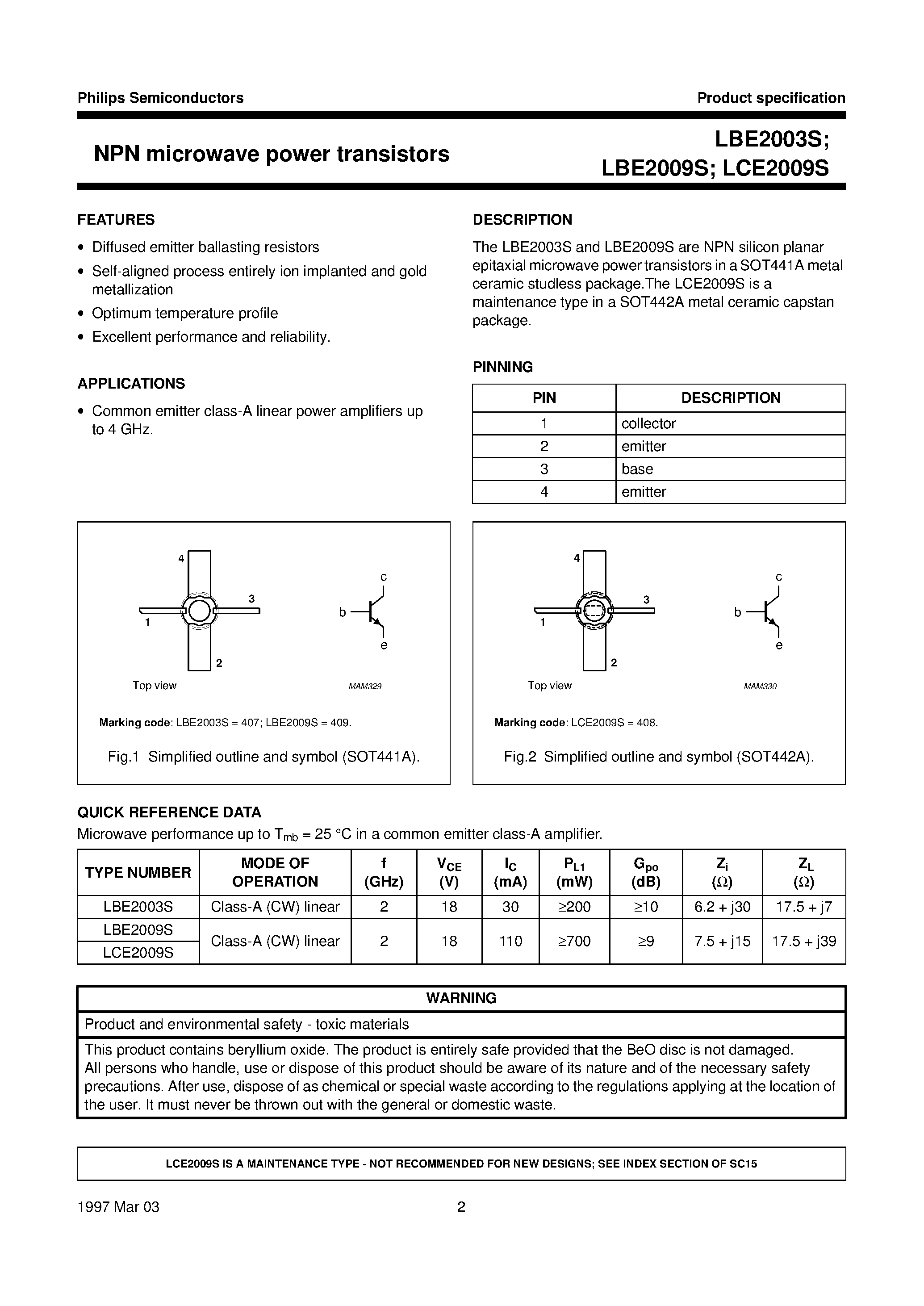 Даташит на микросхему LCE2009S страница 2 Даташит LCE2009S - NPN microwave power transistors страница 2