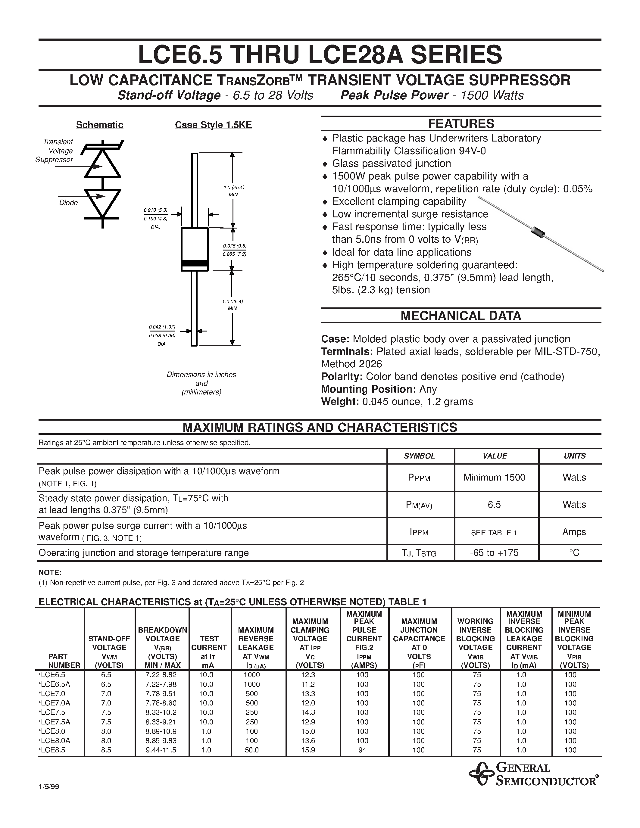Datasheet LCE6.5 - LOW CAPACITANCE TRANSZORB TRANSIENT VOLTAGE SUPPRESSOR page 1