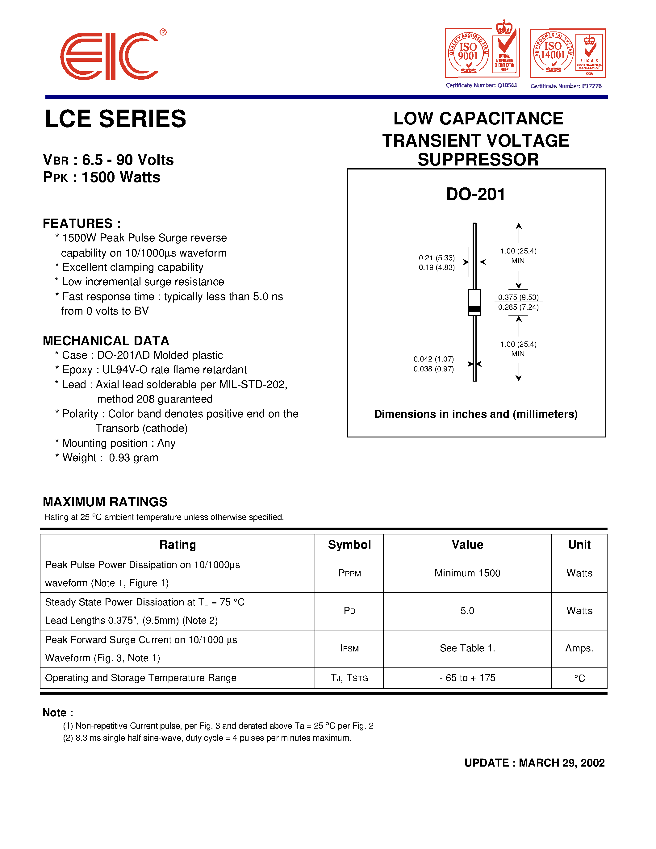 Datasheet LCE7.0 - LOW CAPACITANCE TRANSIENT VOLTAGE SUPPRESSOR page 1