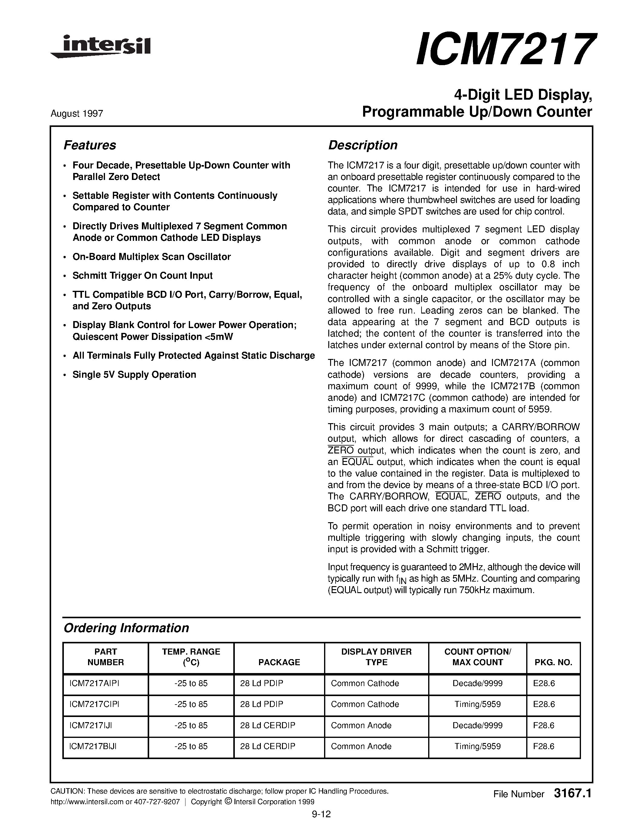 Datasheet lCM7217BlJl - 4-Digit LED Display / Programmable Up/Down Counter page 1