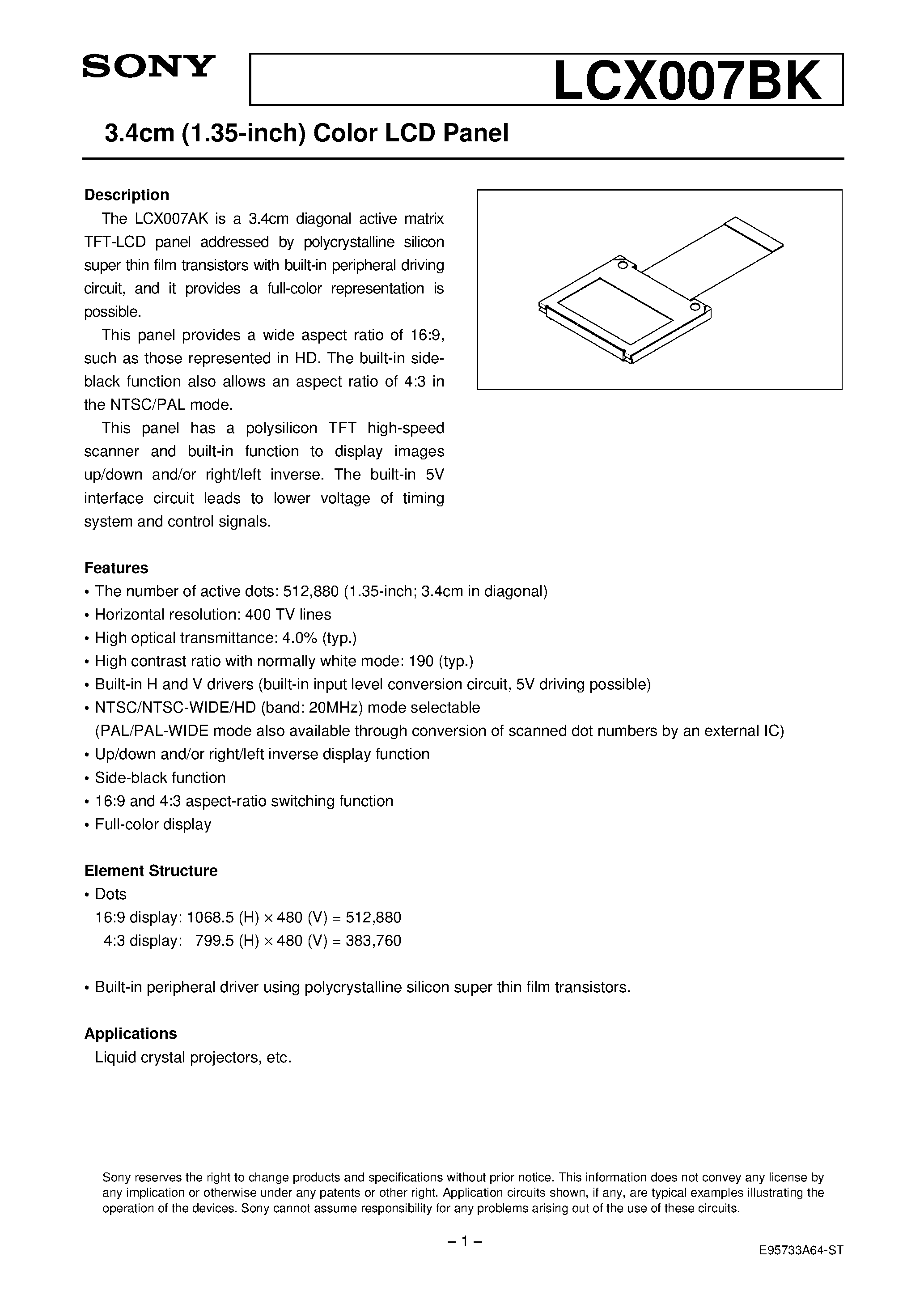 Datasheet LCX007 - 3.4cm (1.35-inch) Black-and-White LCD Panel page 1
