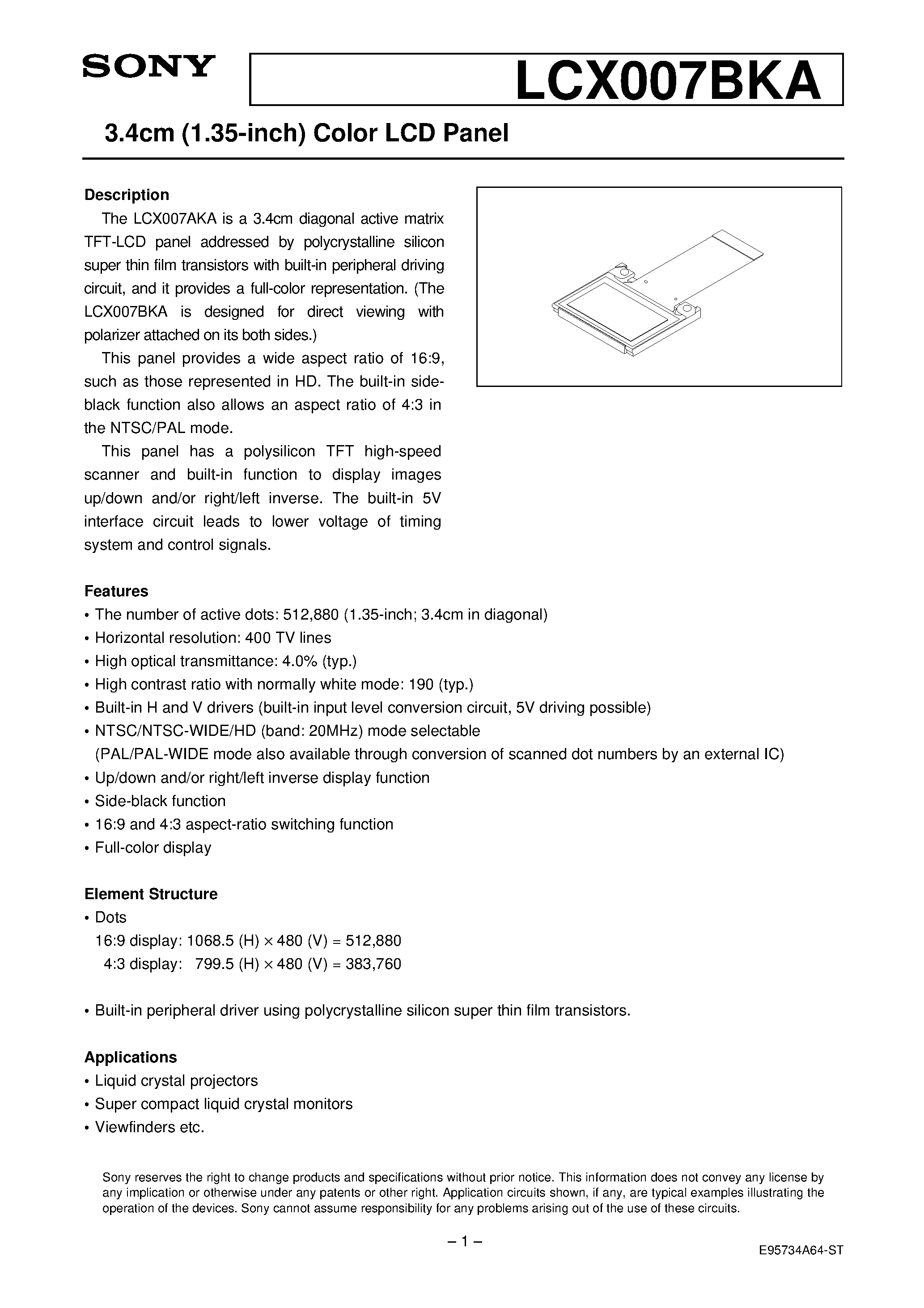 Datasheet LCX007BKA - 3.4cm (1.35-inch) Color LCD Panel page 1