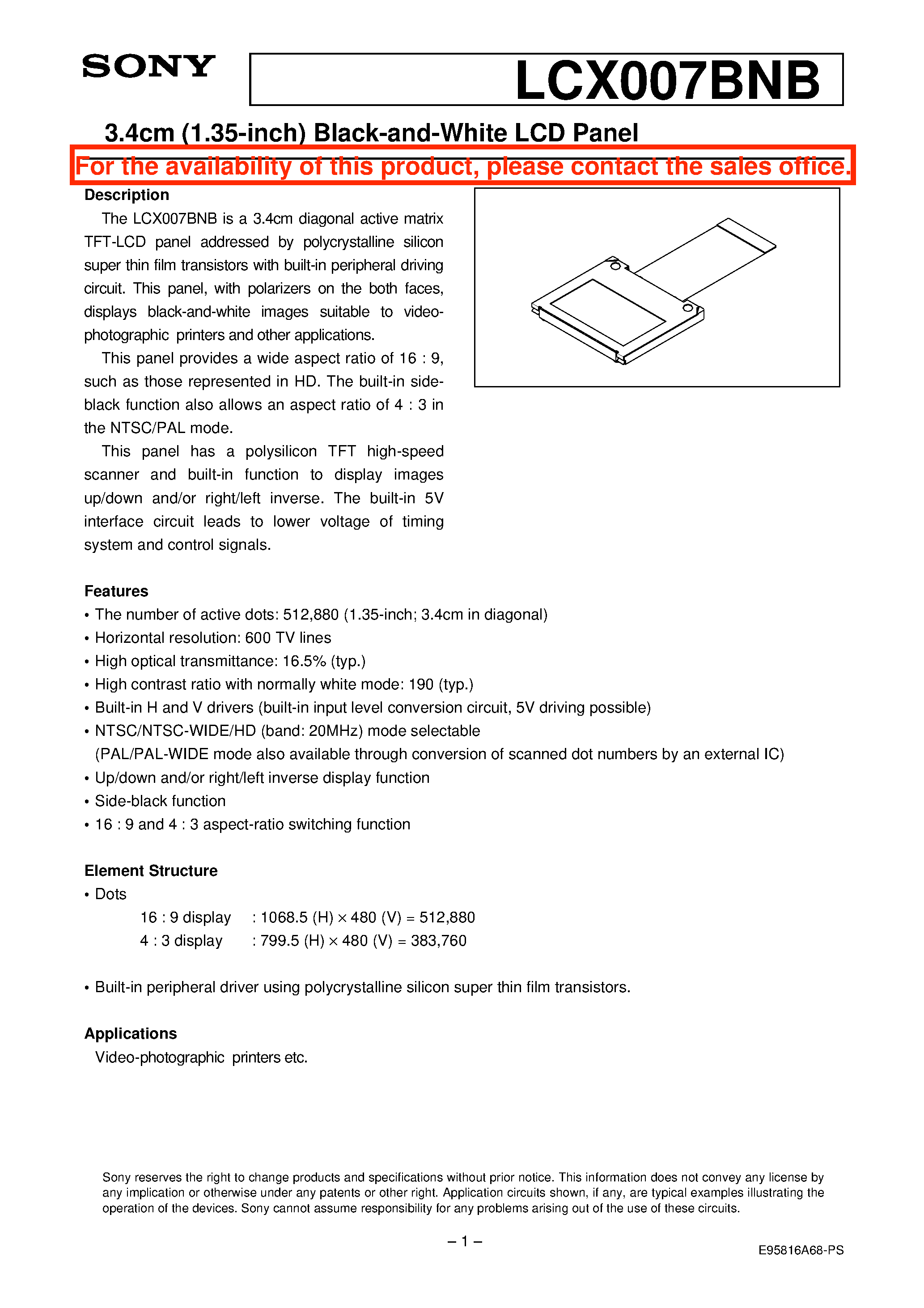 Datasheet LCX007BNB - 3.4cm (1.35-inch) Black-and-White LCD Panel page 1