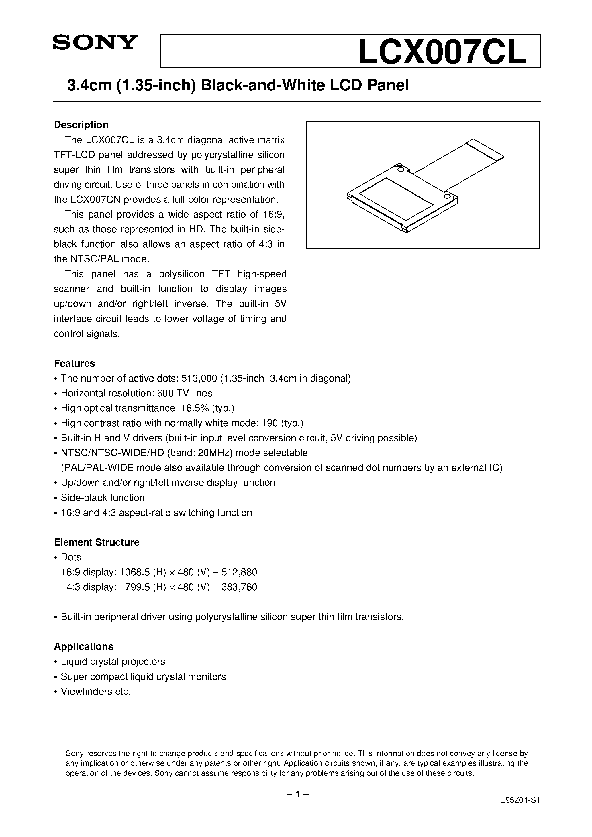 Datasheet LCX007CL - 3.4cm (1.35-inch) Black-and-White LCD Panel page 1