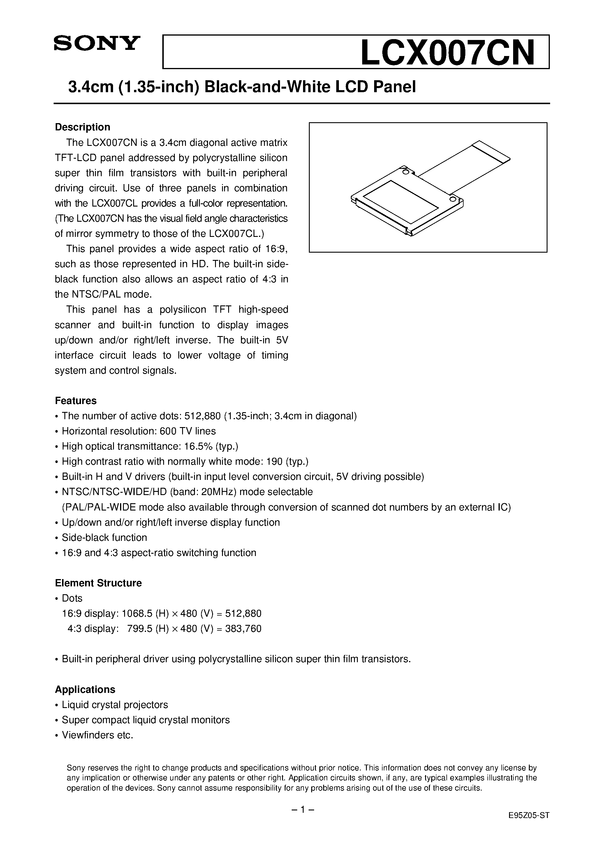 Datasheet LCX007CN - 3.4cm (1.35-inch) Black-and-White LCD Panel page 1