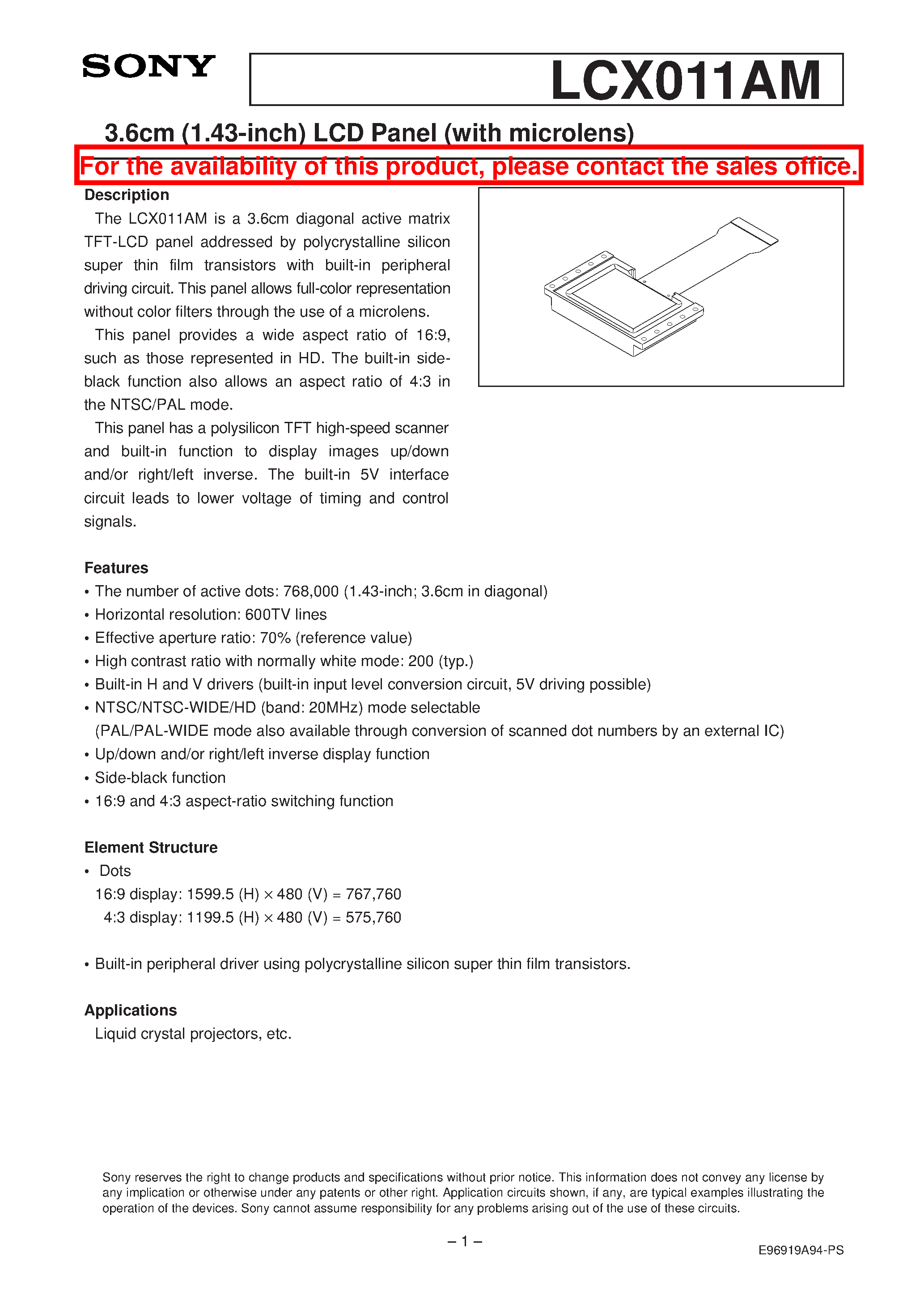 Datasheet LCX011AM - 3.6cm (1.43-inch) LCD Panel (with microlens) page 1