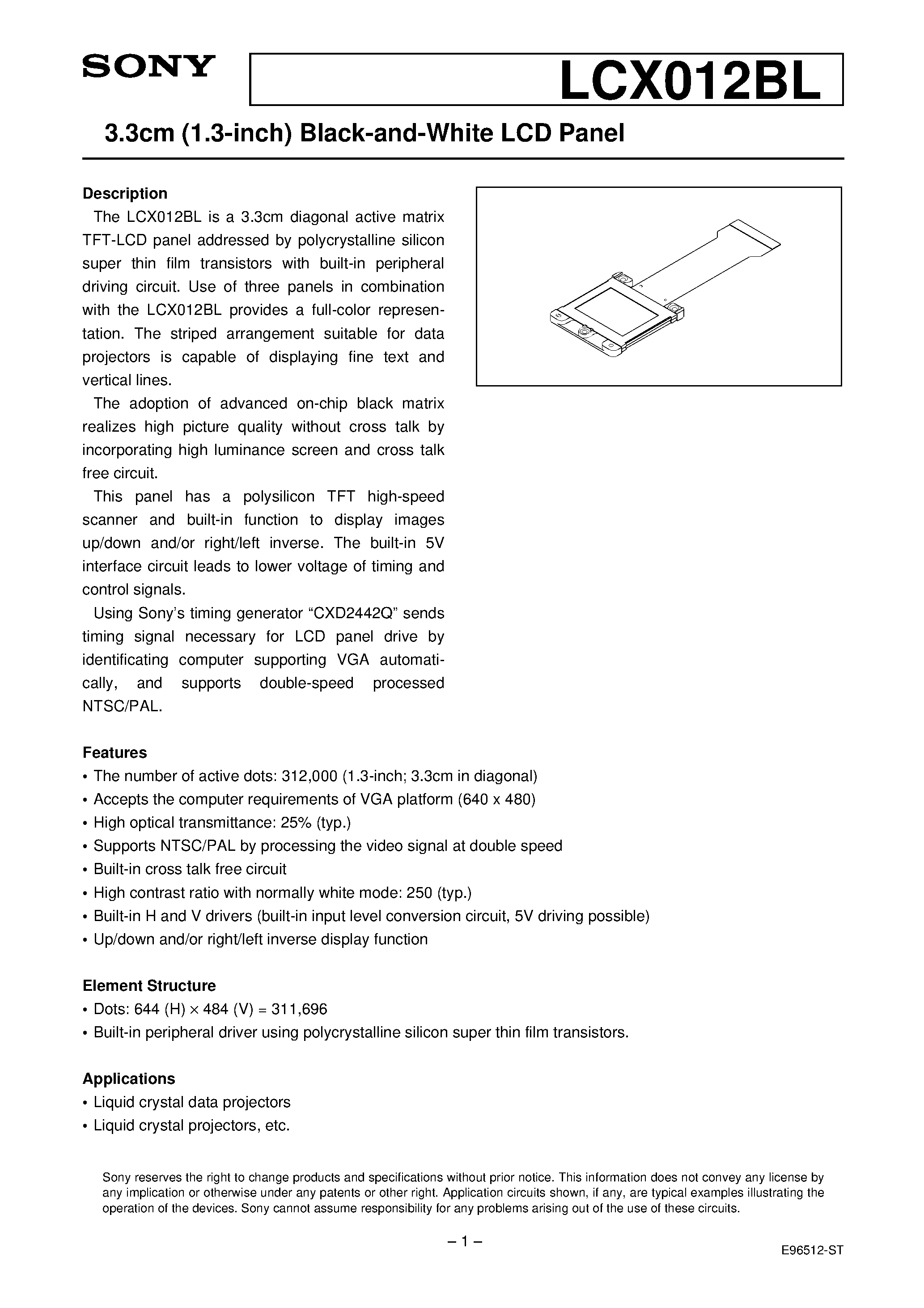 Datasheet LCX012BL - 3.3cm (1.3-inch) Black-and-White LCD Panel page 1