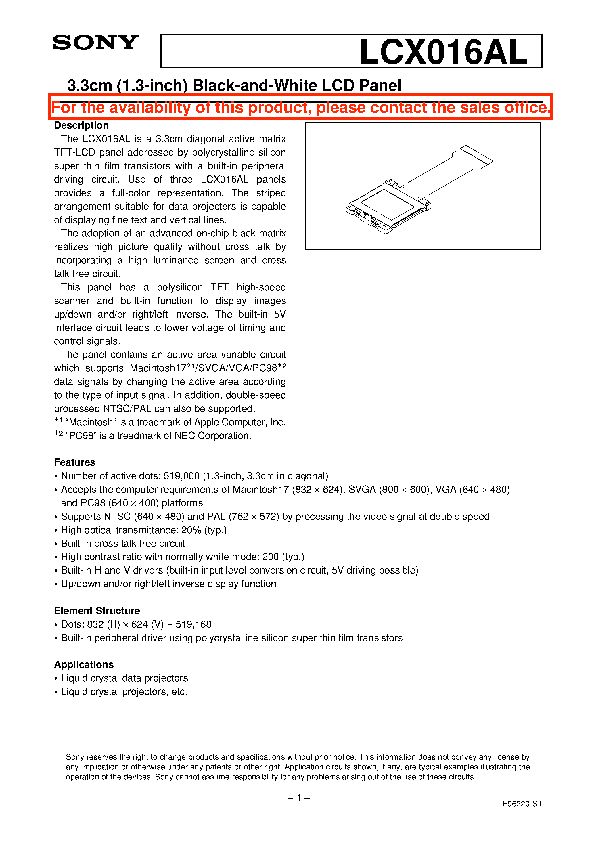 Datasheet LCX016AL - 3.3cm (1.3-inch) Black-and-White LCD Panel page 1