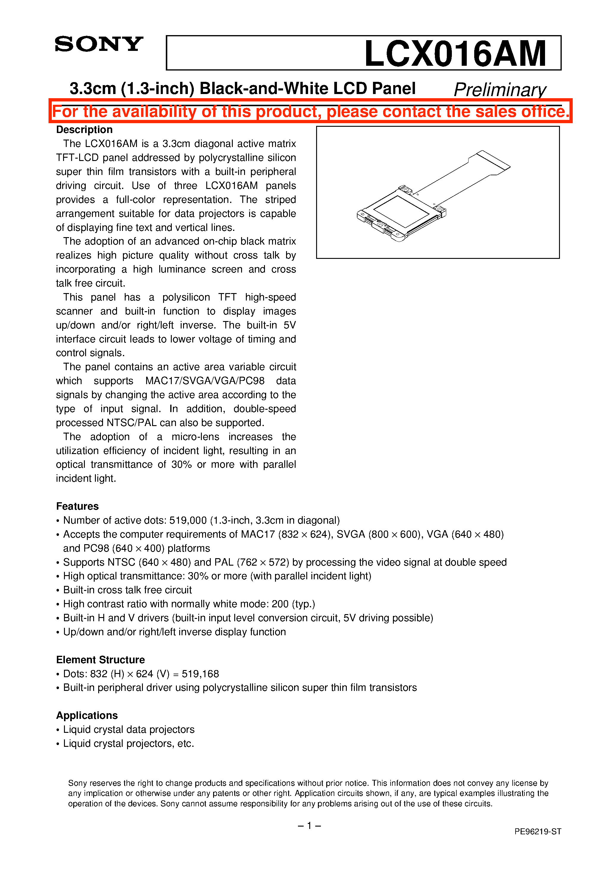 Datasheet LCX016AM - 3.3cm (1.3-inch) Black-and-White LCD Panel page 1