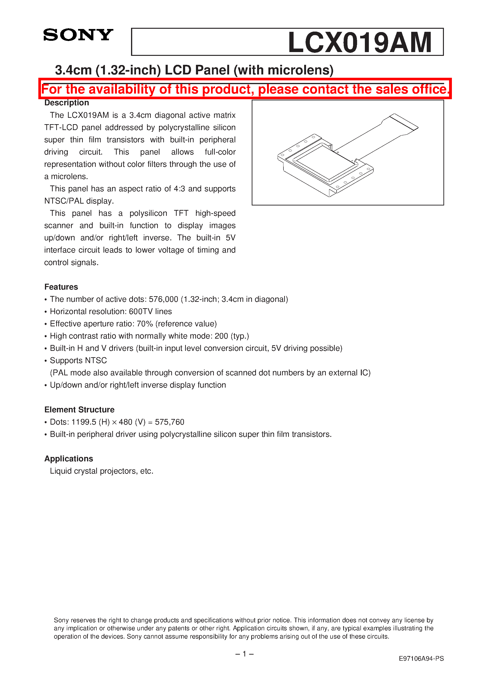 Datasheet LCX019AM - 3.4cm (1.32-inch) LCD Panel (with microlens) page 1